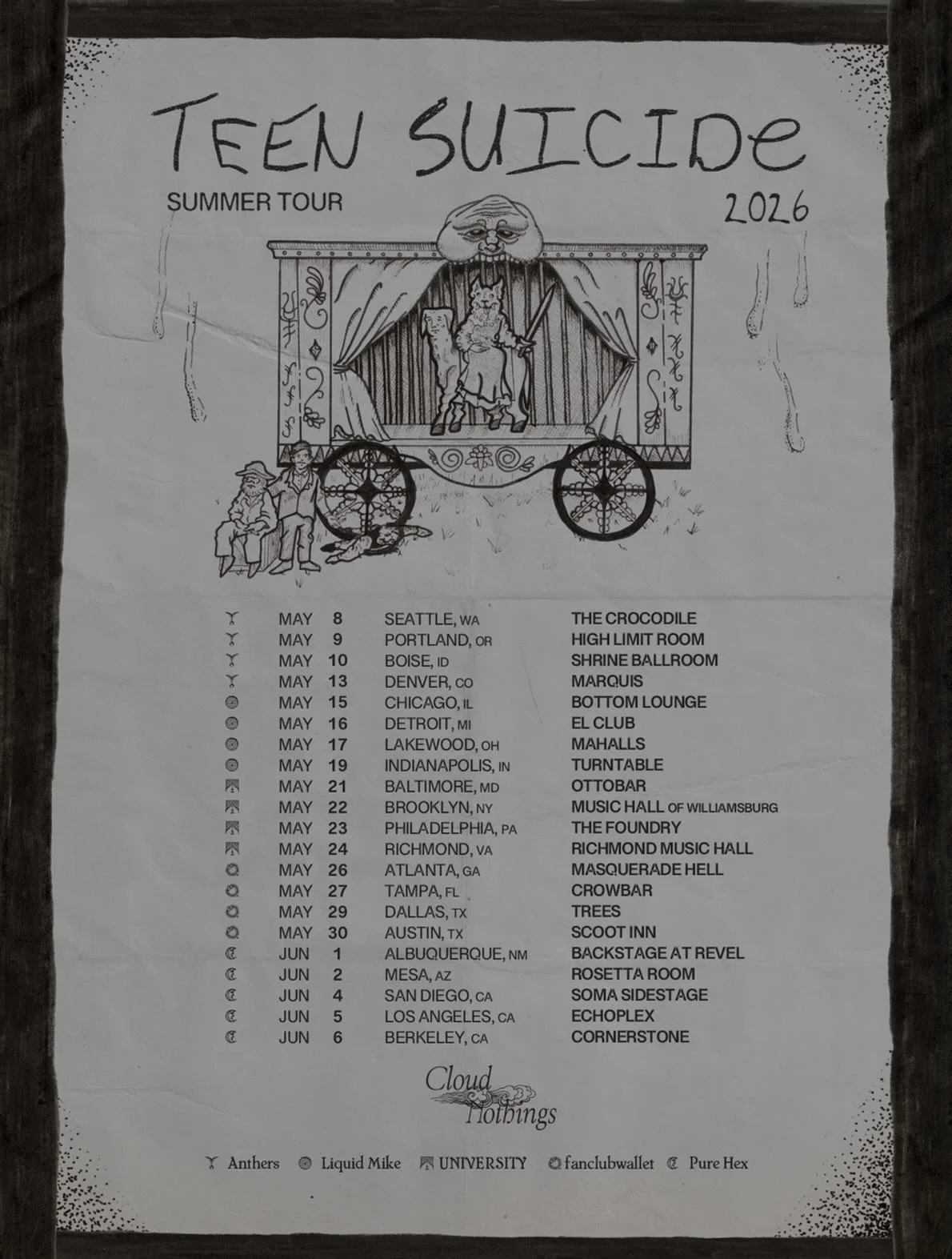 @anthersmusic joins up with @realteensuicide and @cloudnothings for a few shows this spring. Tickets are on sale now!

May 8 - Seattle, WA - @thecrocodileseattle 
May 9 - Portland, OR - @highlimitroompdx 
May 10 - Boise, ID - @shrinesocialclub 
May 1