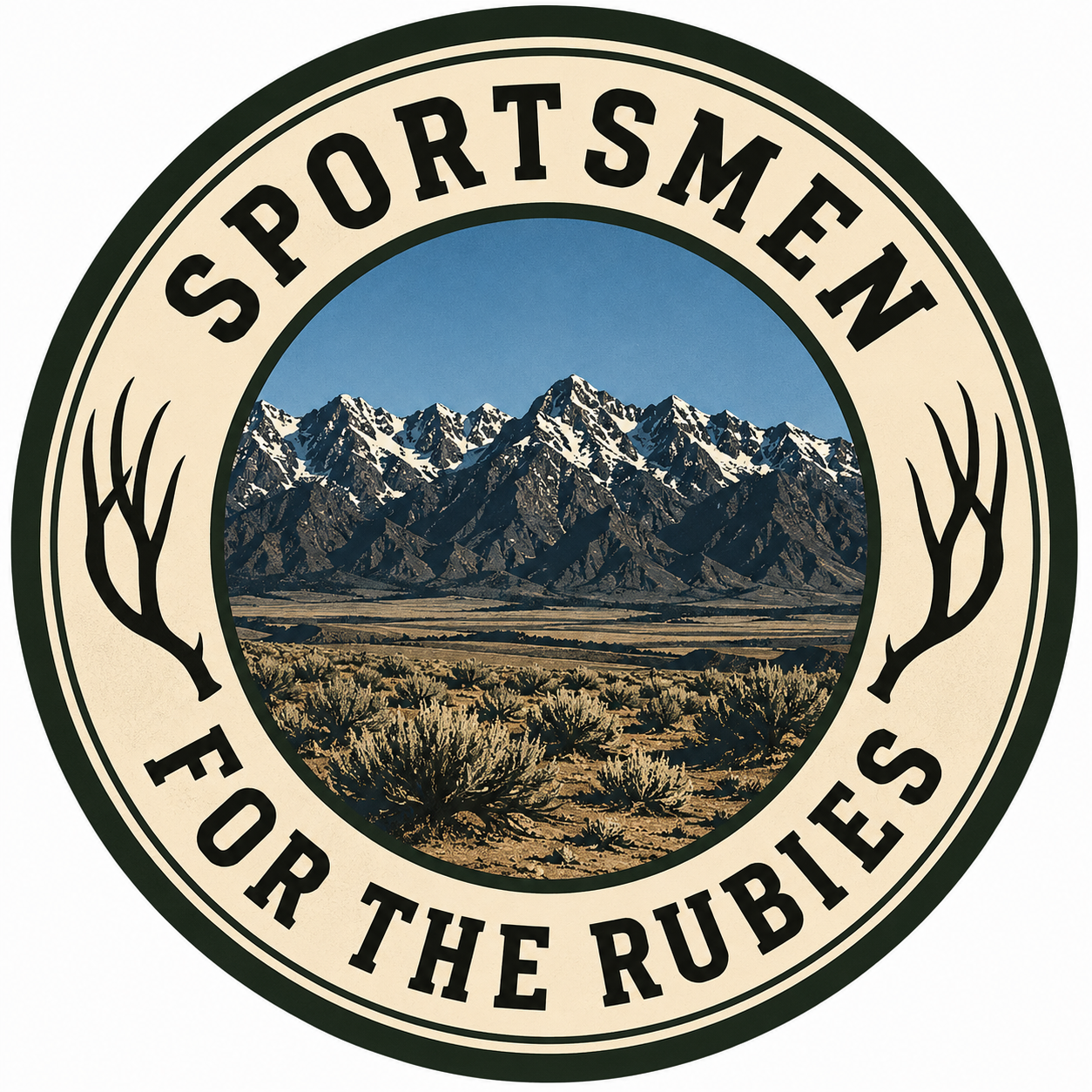 A circular logo with mountains, desert, and the words 'Sportsmen for the Rubies' and antler illustrations.