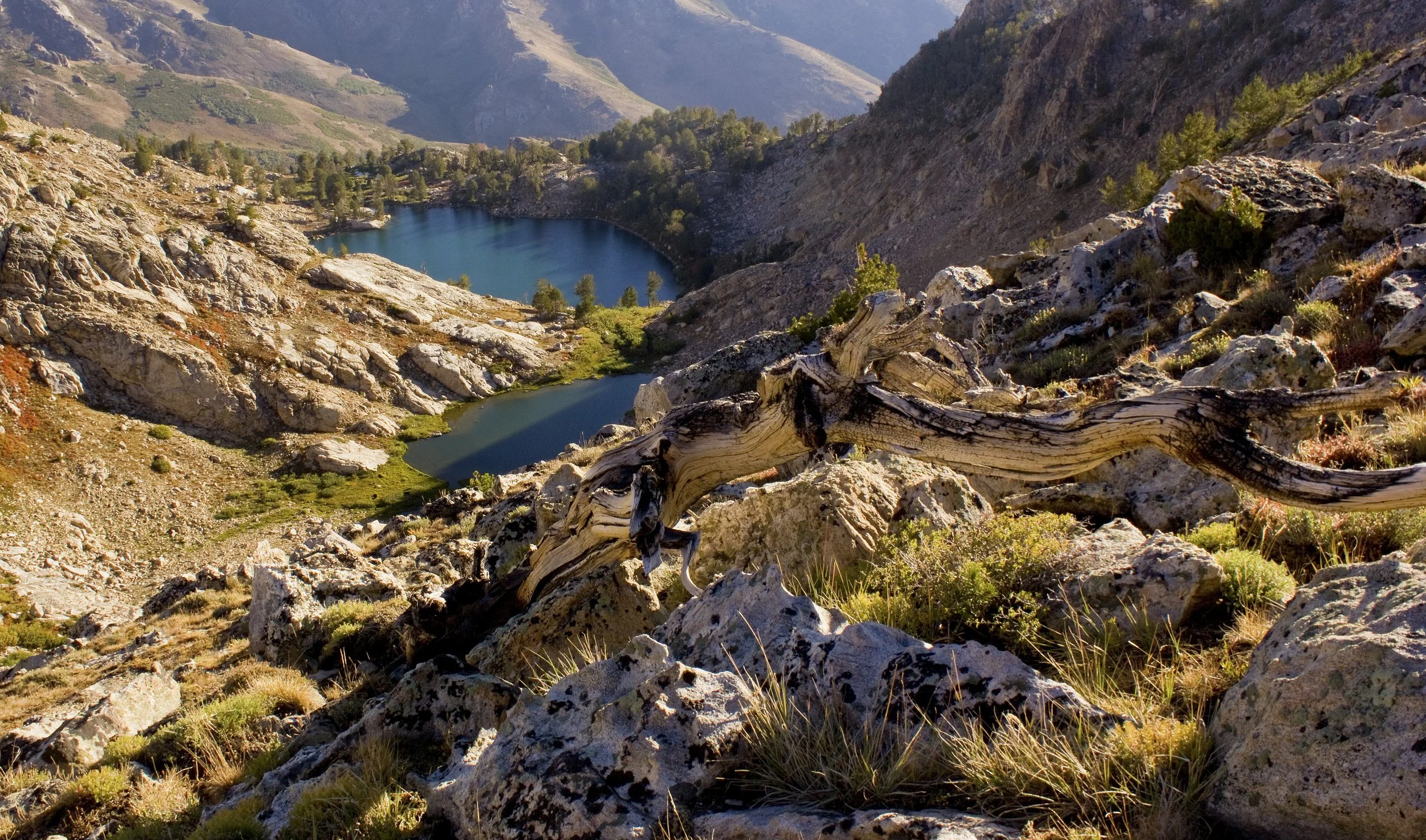 Mountain landscape with rocky slopes, green trees, and a body of water between the mountains.