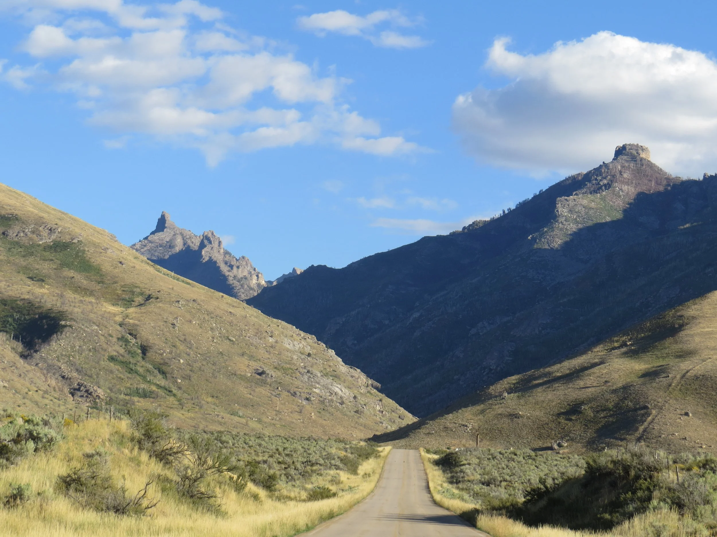 A dirt road running through grasslands with mountains in the background under a blue sky with scattered clouds.