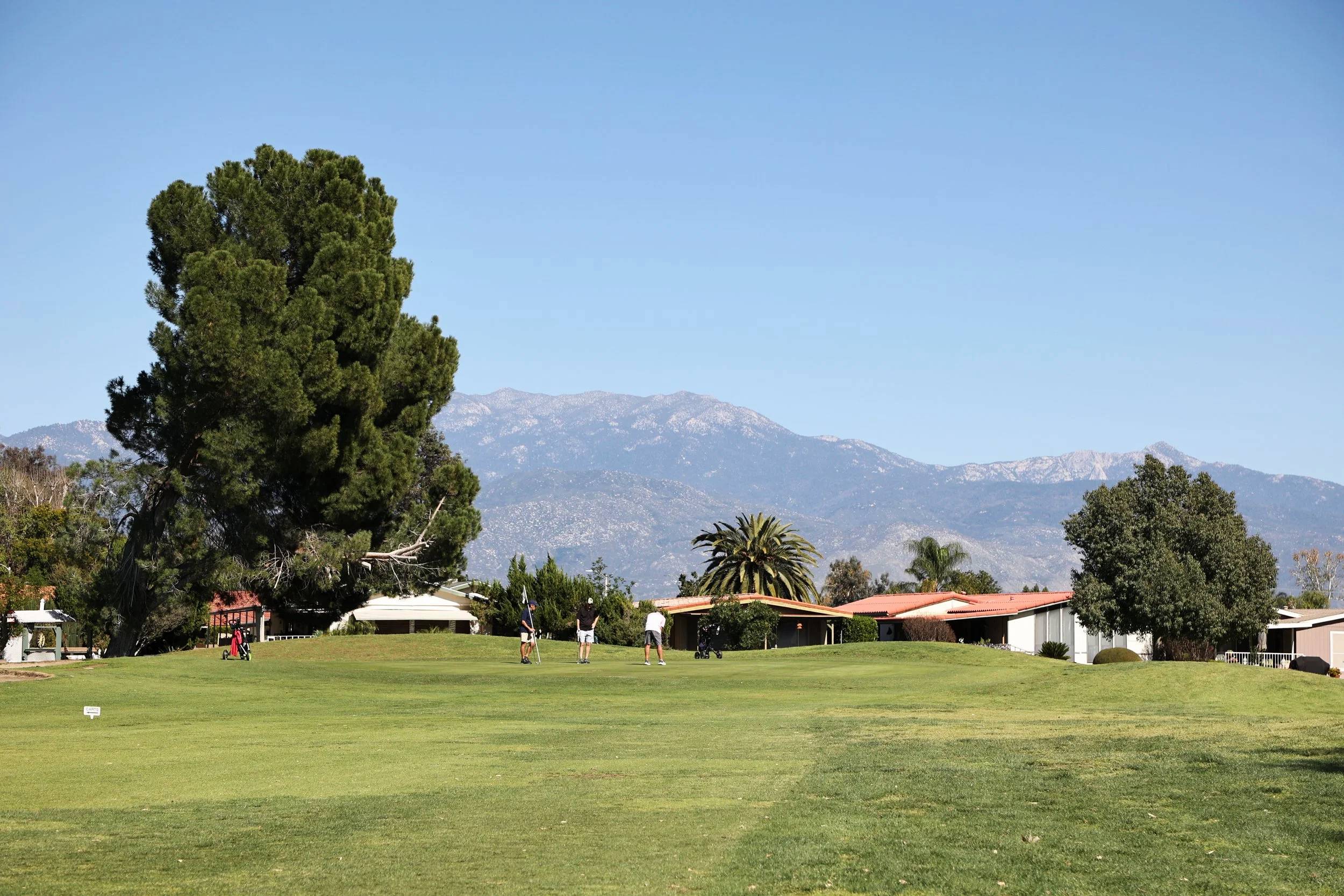 Seven Hills Golf Club putting green showing golfers putting with mountain range in background