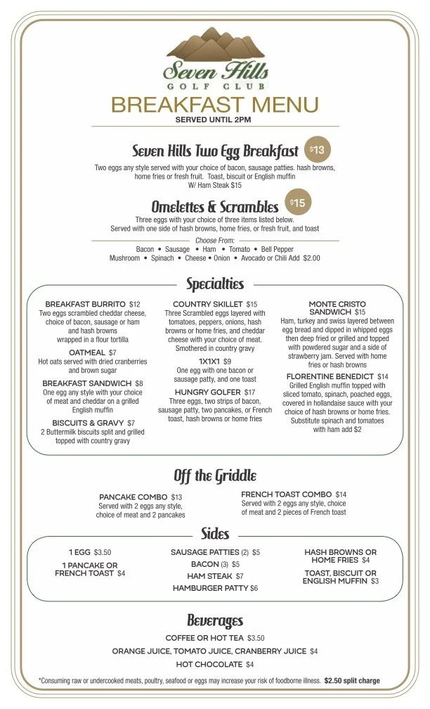 Seven Hills Golf Club Breakfast Menu offering great food and beverage