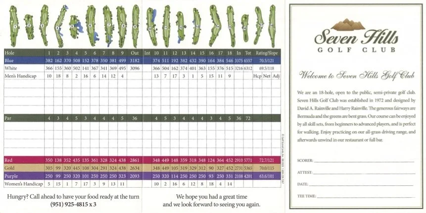 Golf scorecard for Seven Hills Golf Club with hole numbers, par, and scores for blue, white, men's handicap, red, gold, purple, and women's handicap categories.