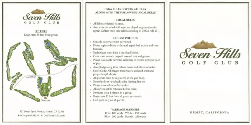 Golf course rules and map at Seven Hills Golf Club in Hemet, California. The map shows the layout of the golf course with specific hole designs. The rules include details about lake hazards, course policies, and yardage markers.