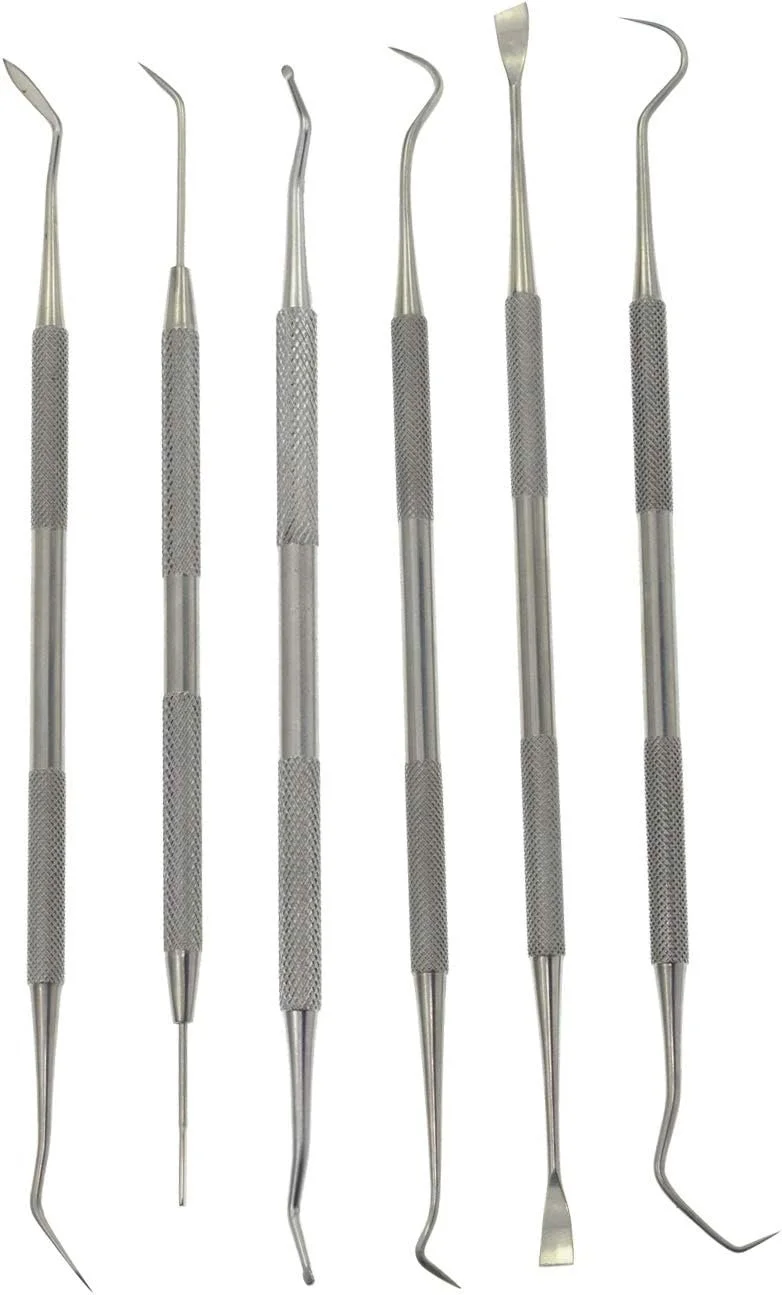 Six dental scalpel and dental tool instruments with metal handles arranged in a row