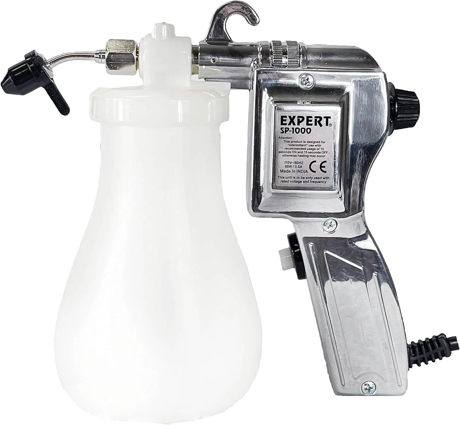 Metal paint spray gun connected to a white plastic container, used for spray painting or coating surfaces.