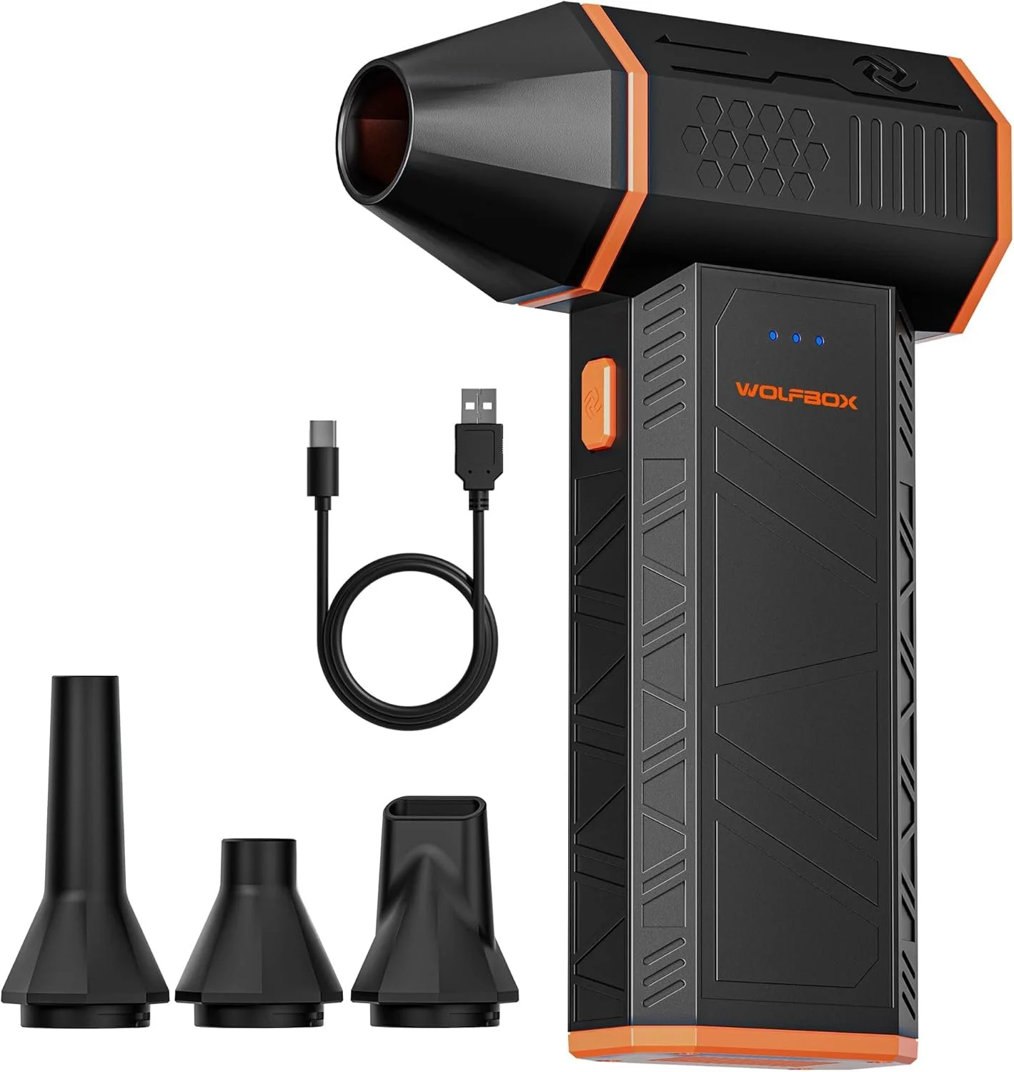 A portable cordless heat gun labeled 'WOLFOX' with three different nozzle attachments, a charging cable, and a portable power bank.