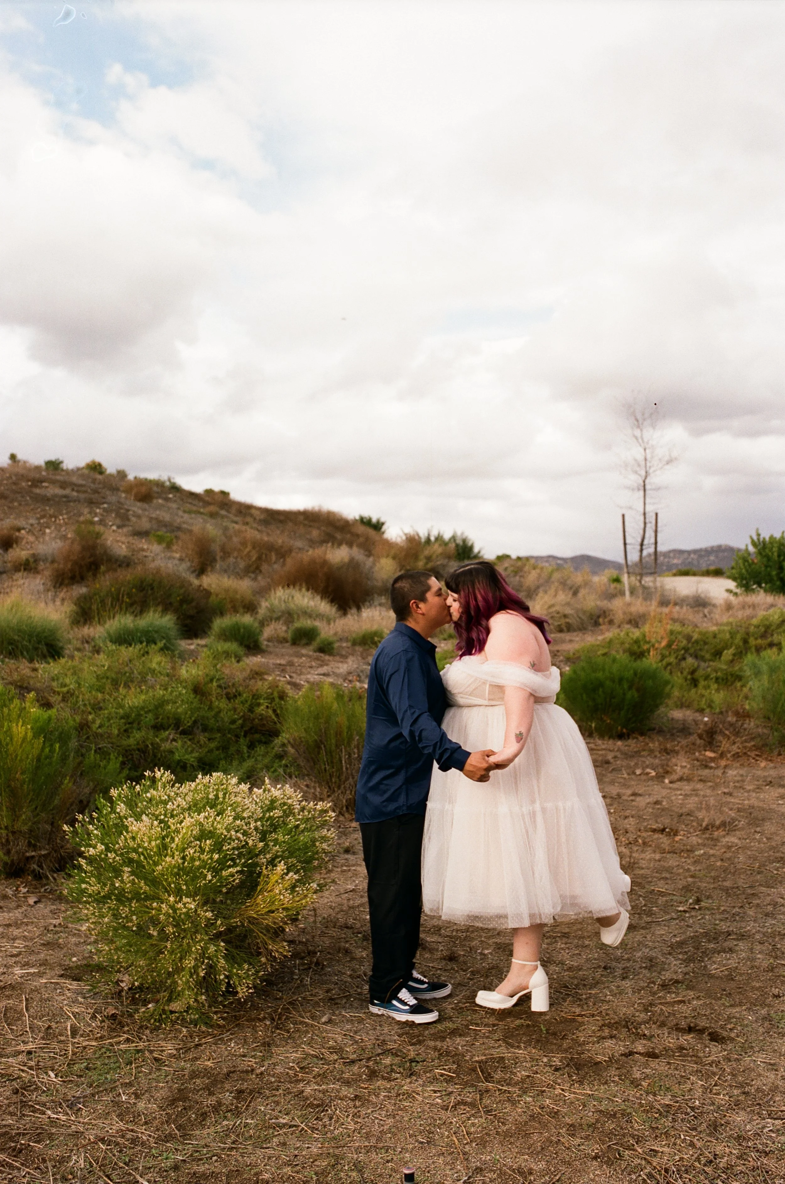 A couple sharing a kiss in an outdoor natural landscape with bushes, a hill, and a cloudy sky.