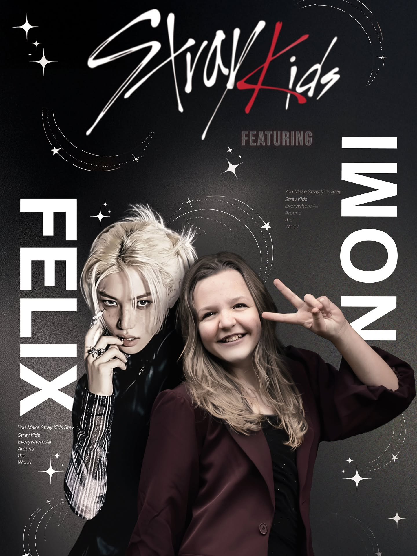 𝐙𝐨𝐞𝐤 𝐣𝐞 𝐧𝐨𝐠 𝐞𝐞𝐧 𝐭𝐨𝐟 𝐤𝐚𝐝𝐨 𝐯𝐨𝐨𝐫 𝐣𝐞 𝐭𝐢𝐞𝐧𝐞𝐫? 
Levensgroot op een poster met je celebrity crush, welke tiener wil dat niet? 

Voor mijn eigen tiener maakte ik deze poster, waar ze poseert met haar 'bias' Felix, van Stray Kid