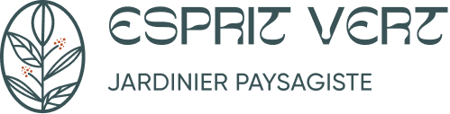 Logo avec un dessin de plante stylisée et texte 'ESPRIT VERT' et 'JARDINIER PAYSAGISTE'.