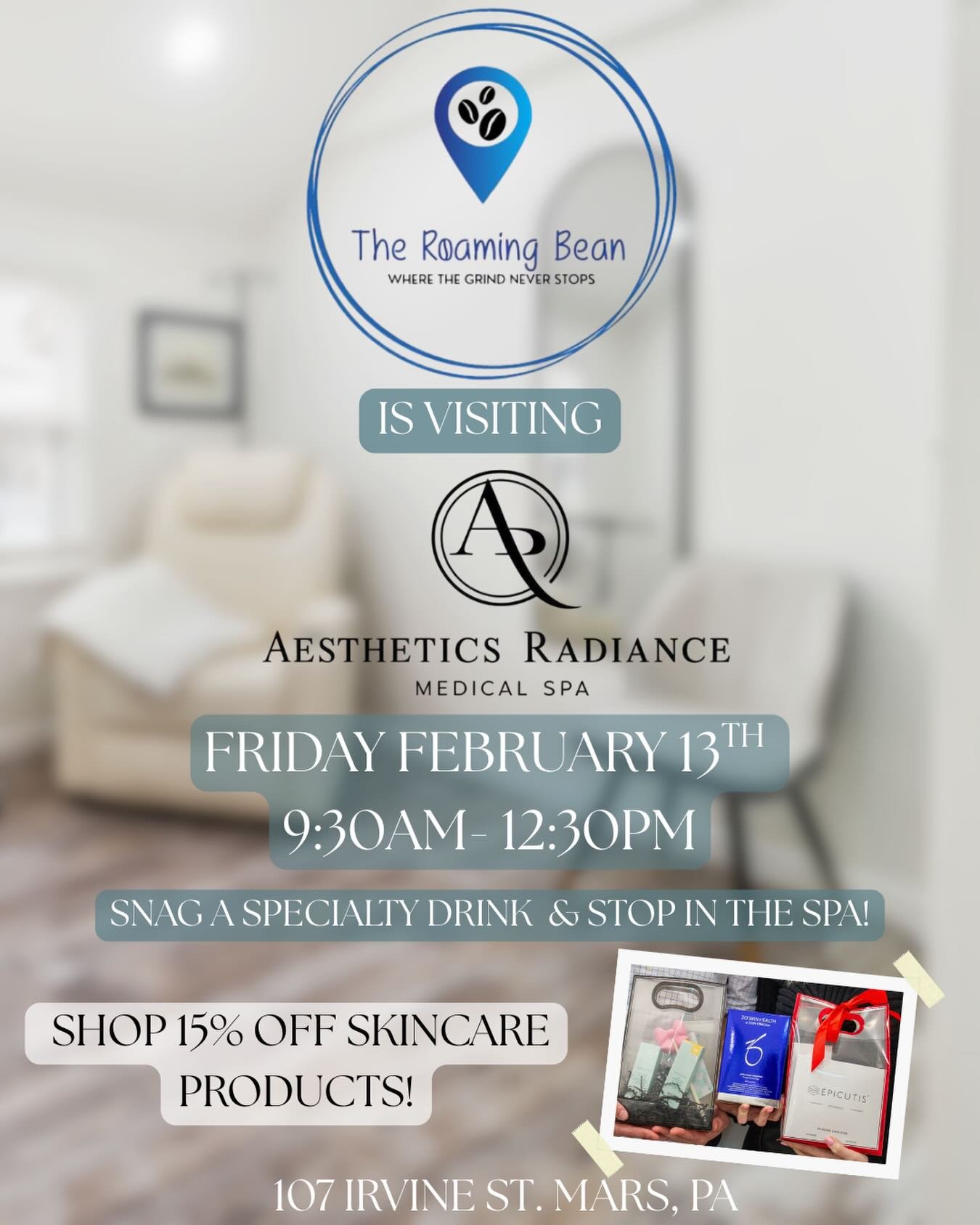 Sip, shop, and glow with us 🤍
We&rsquo;re excited to welcome The Roaming Bean to Aesthetics Radiance Medical Spa for a cozy morning pop-up.

🗓 Friday, February 13th
⏰ 9:30 AM &ndash; 12:30 PM
📍 107 Irvine St., Mars, PA

Stop in for a specialty cof