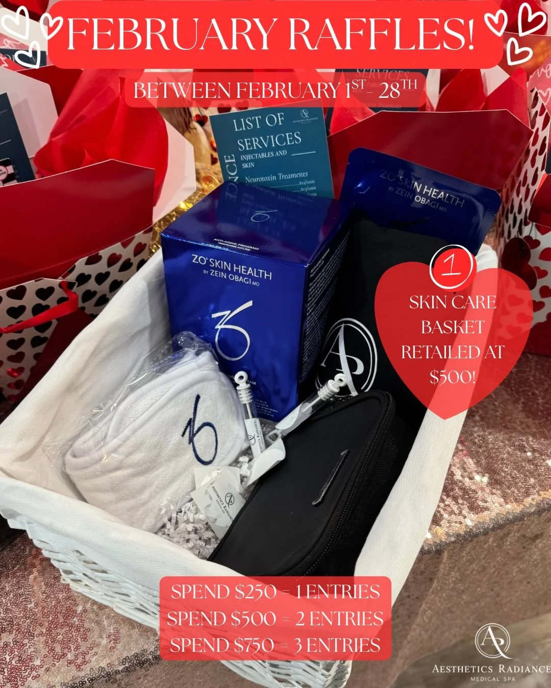 💕 FEBRUARY RAFFLES ARE HERE! 💕
Treat yourself (or your skin 😍) all month long at Aesthetics Radiance Medical Spa!

🗓 Feb 1st&ndash;28th
Every dollar spent = more chances to win 👀✨

🎁 PRIZES INCLUDE:
💖 $500 Skin Care Basket
💉 FREE half syringe