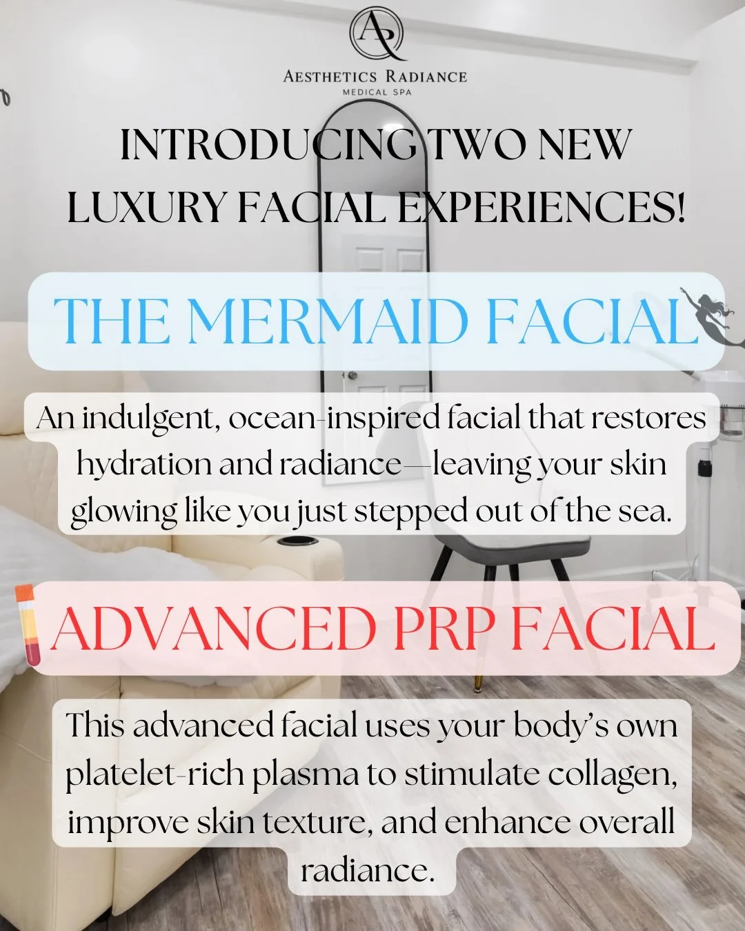 ✨ Introducing TWO new luxury facial experiences ✨
Dive into hydration with The Mermaid Facial 🧜&zwj;♀️&mdash;an ocean-inspired glow that leaves skin plump, radiant, and glassy.
Or level up your results with our Advanced PRP Facial 🩸&mdash;powered b