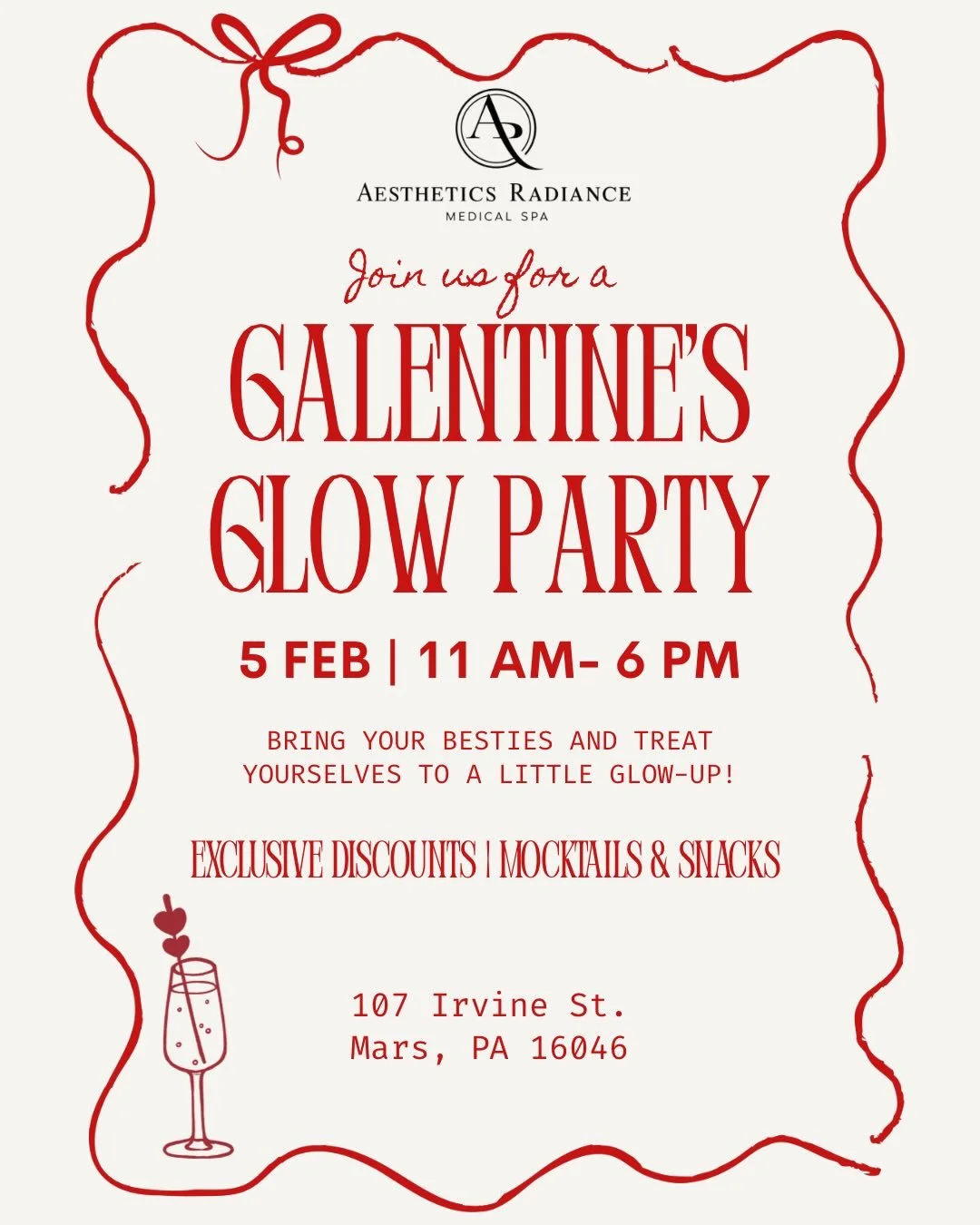 🚨UPDATE 1/21: Event Appointments are fully booked! But you can still stop in and shop with 15% off skincare products, plus enjoy snacks and a mocktail! Raffle details to come soon!

💘 Grab your besties and get glowing! 💘
Join us for our Galentine&
