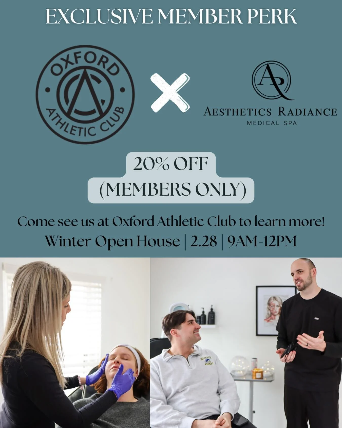 ✨ Exclusive Member Perk ✨

We&rsquo;re excited to partner with Oxford Athletic Club to bring their members an exclusive wellness + aesthetics experience.

💫 Oxford members receive a ONE-TIME 20% OFF services at Aesthetics Radiance Medical Spa &mdash
