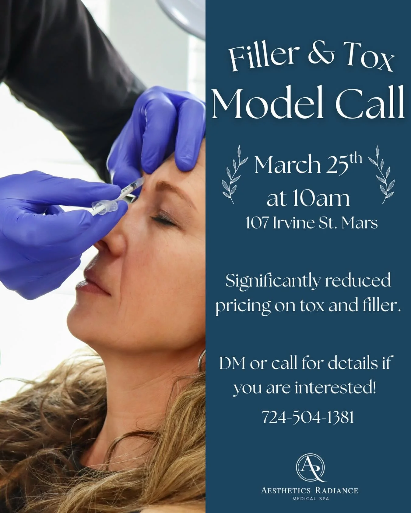 🚨 MODEL CALL: Tox &amp; Filler 🚨

We&rsquo;re looking for models for an upcoming injectable training event at Aesthetics Radiance Medical Spa.

📅 March 25th | 10 AM
📍 107 Irvine St, Mars

Qualified models will receive significantly reduced pricin