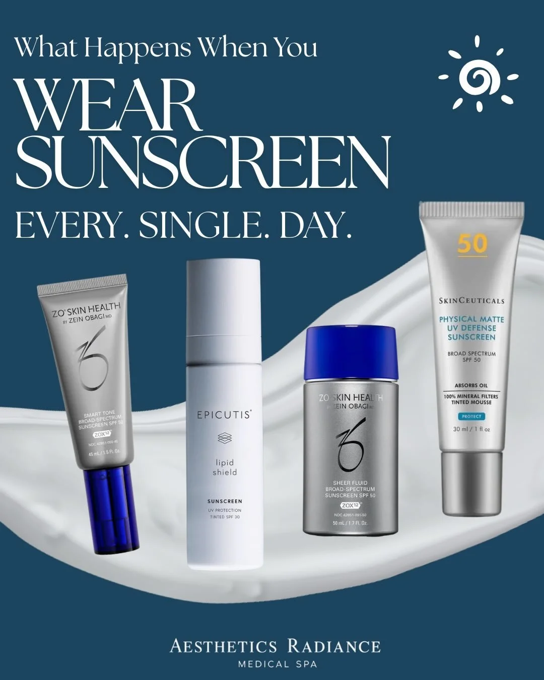 Summer is officially here ☀️
And your skin deserves protection that works and looks beautiful on your skin.

From lightweight mineral coverage to glow-enhancing SPF, we carry some of our favorite medical-grade sunscreens at Aesthetics Radiance &mdash