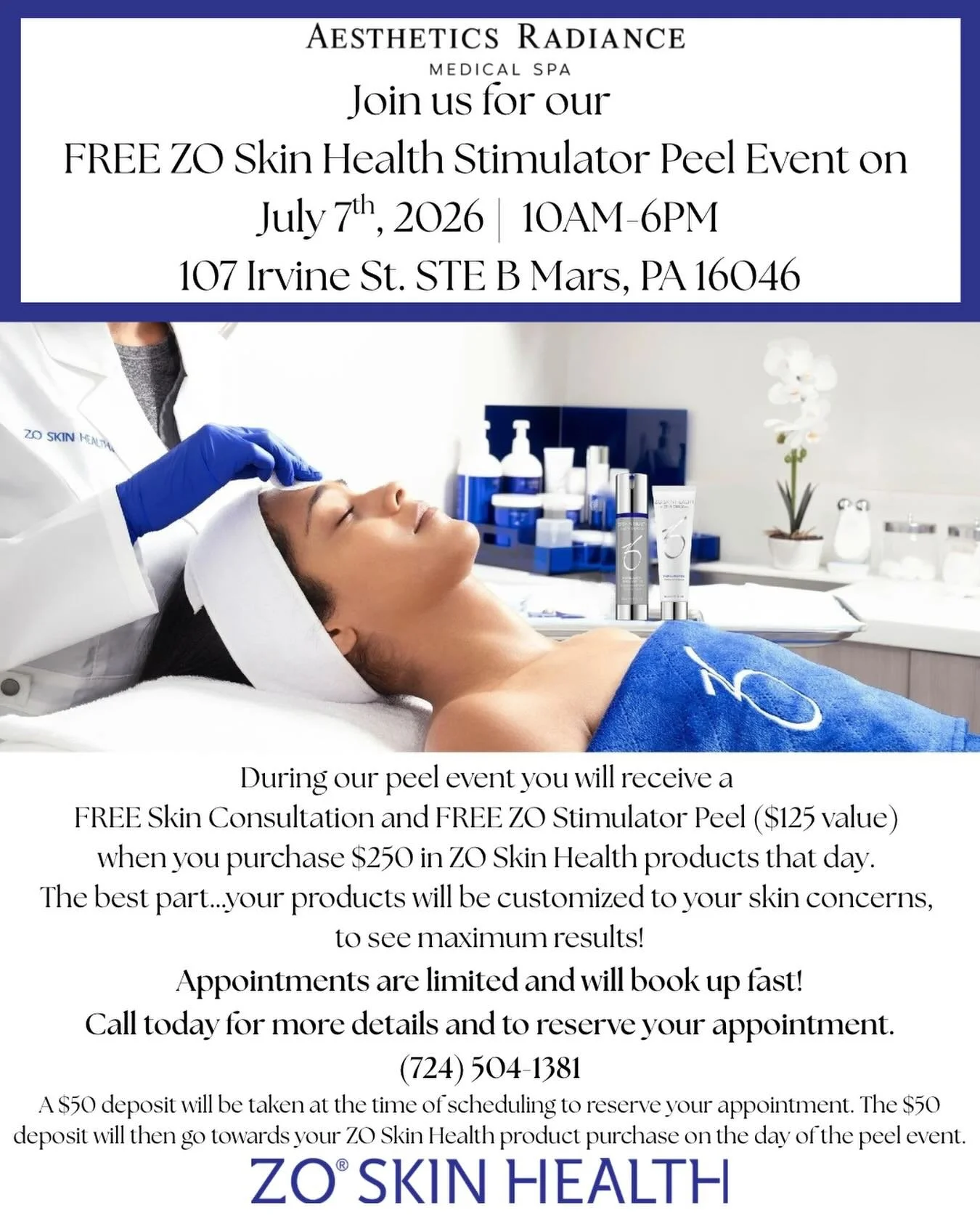 ✨ MARK YOUR CALENDARS ✨

You do not want to miss this exclusive event at Aesthetics Radiance Medical Spa! Join us on July 7th alongside @lacy_zoskinhealth for a personalized skincare experience featuring the incredible ZO Skin Health Stimulator Peel.