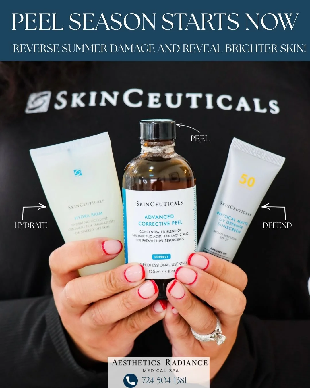 Peel season is here!

Summer fun can leave behind sun damage, discoloration, uneven texture, and dull skin. Now is the perfect time to start repairing and rejuvenating your complexion with a SkinCeuticals Peel.

✨ Benefits include:
&bull; Brighter, m