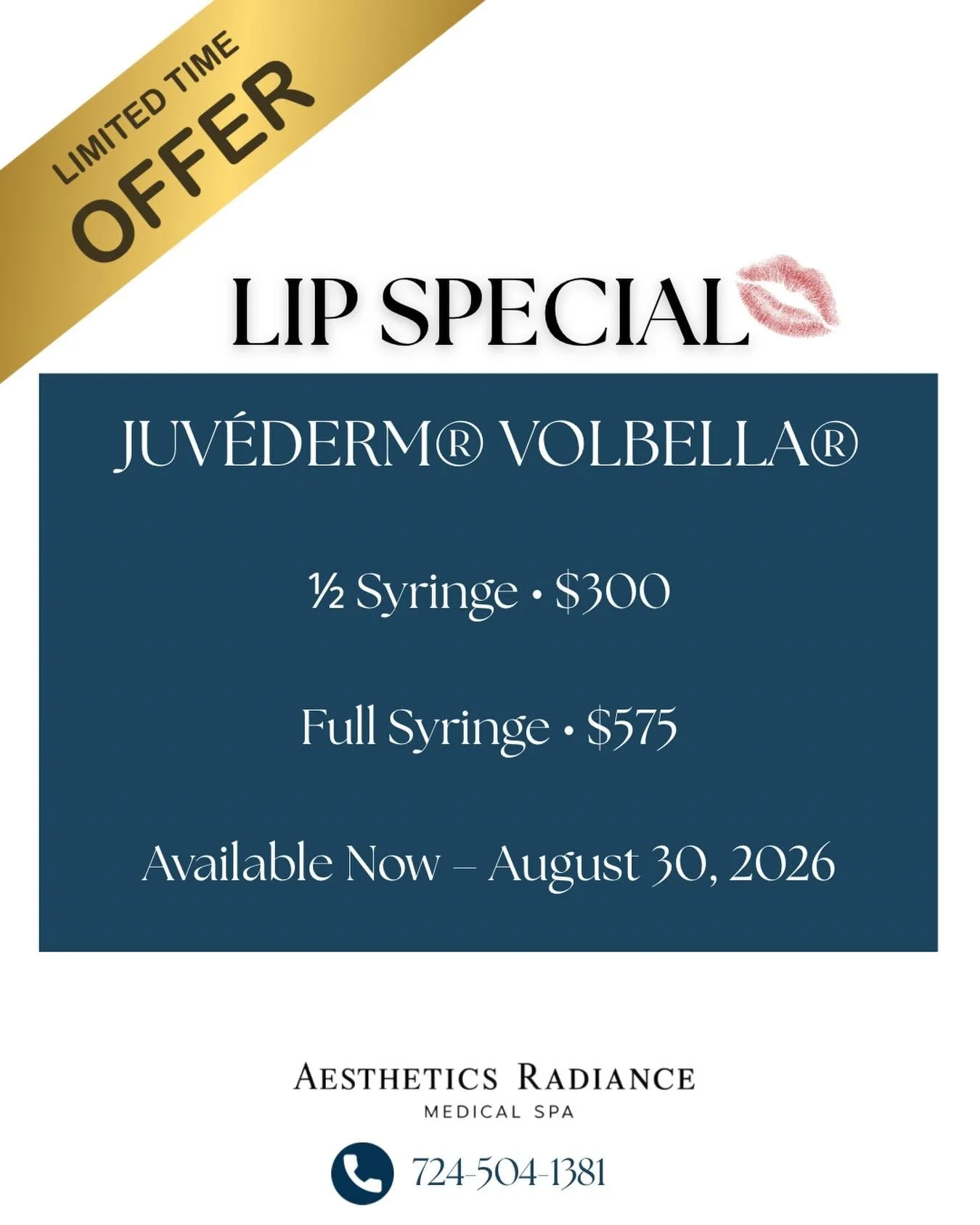 LIMITED-TIME LIP SPECIAL

Looking for a subtle enhancement or a little extra volume? Our Juv&eacute;derm&reg; Volbella&reg; lip special is here for a limited time.

&bull; &frac12; Syringe &mdash; $300
&bull; Full Syringe &mdash; $575

Volbella is id