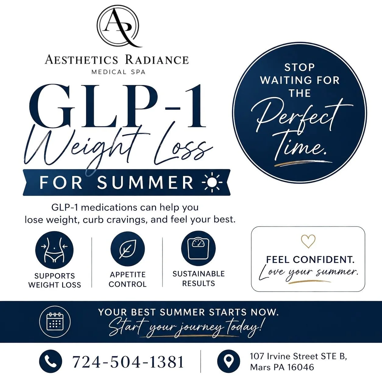 Stop waiting for the perfect time. ✨

Summer is here, and the best investment you can make is in yourself. Our GLP-1 weight loss program is designed to help support sustainable weight loss, curb cravings, and help you feel more confident in your own 