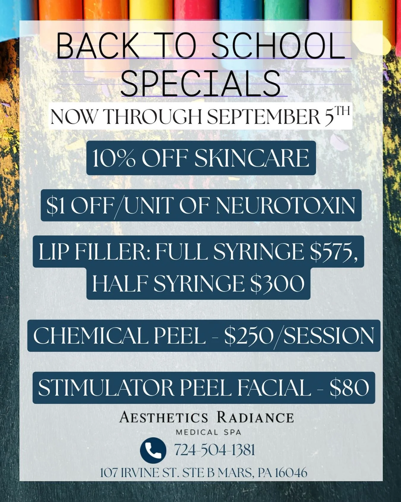 📚✨ Back-to-school season is here, and while you&rsquo;re checking off everyone else&rsquo;s to-do list, don&rsquo;t forget about yourself.

Take advantage of our Back to School Specials, available now through September 5th:

&bull; 10% OFF skincare

