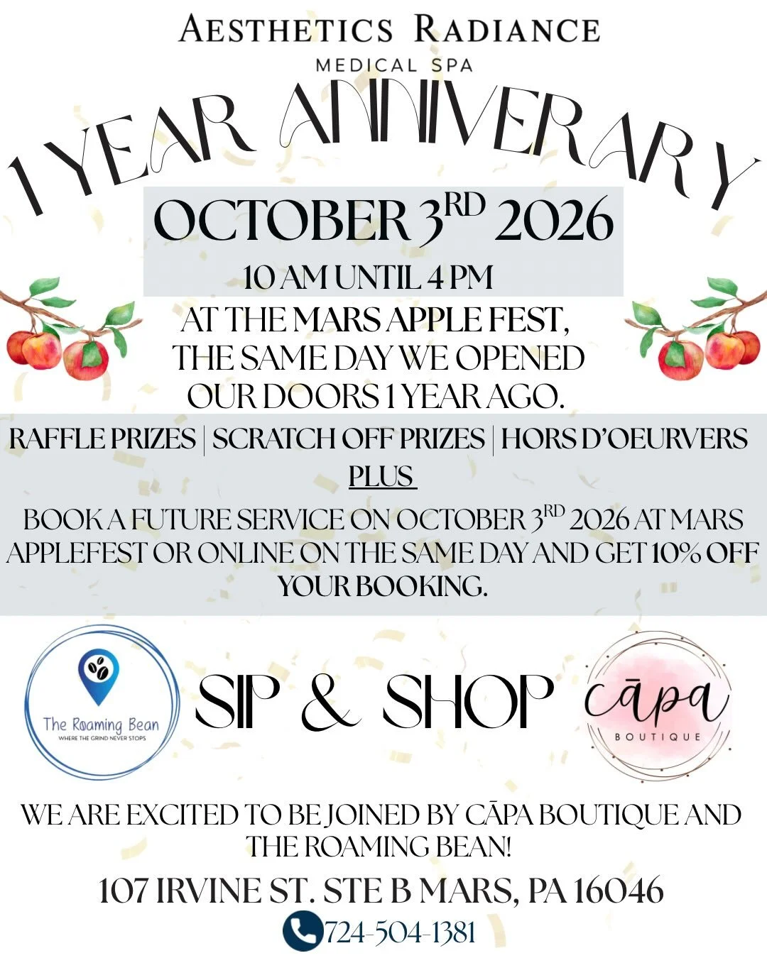 ✨ ONE YEAR OF RADIANCE ✨

Join us as we celebrate 1 year of Aesthetics Radiance Medical Spa on October 3rd from 10 AM &ndash; 4 PM during the Mars Applefest&mdash;the very same day we opened our doors one year ago!

Enjoy:
&bull; Raffle prizes
&bull;