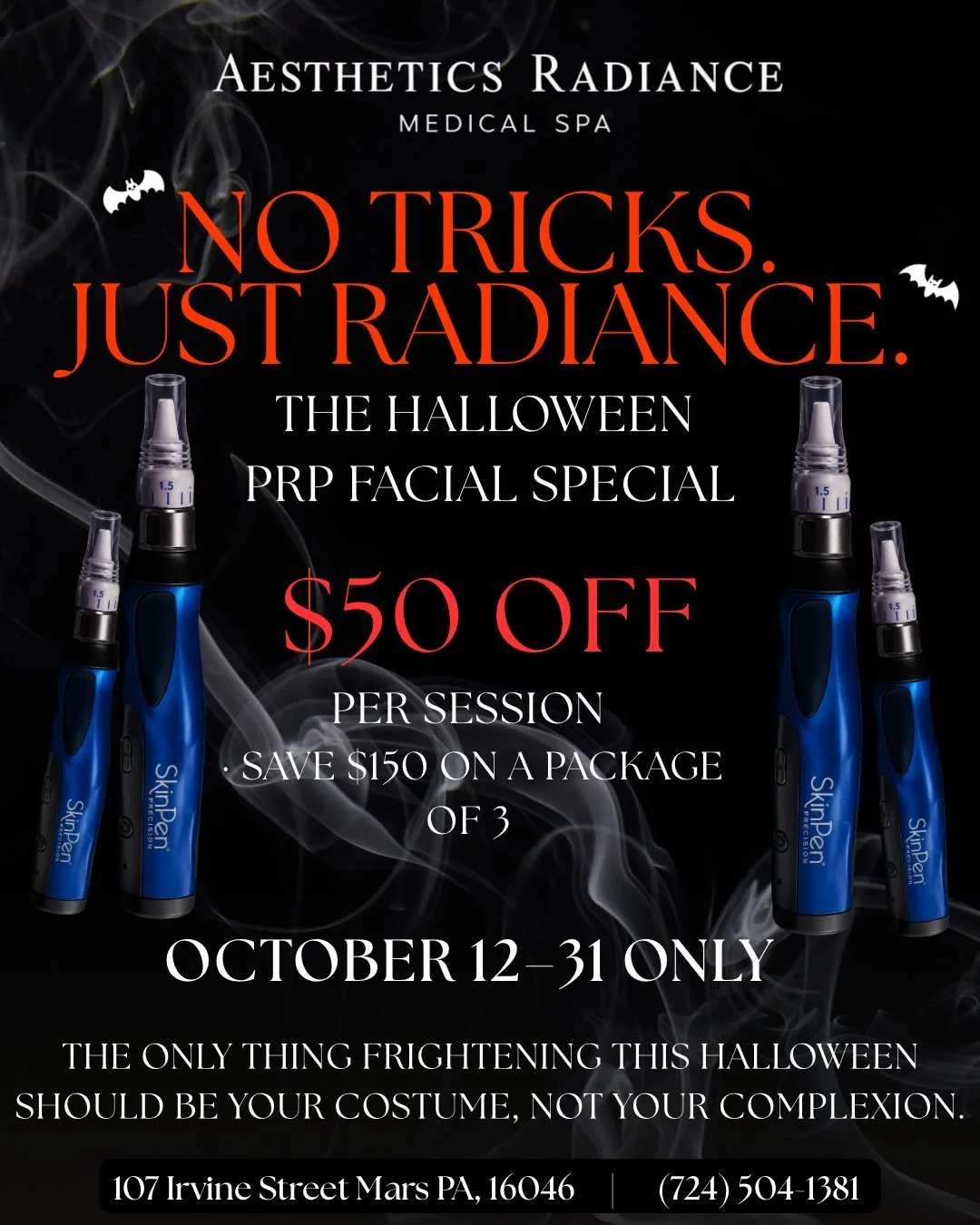 No tricks. Just radiance. 🖤

This Halloween, treat your skin to something extra special with our PRP Facial Halloween Special! 🩸

PRP harnesses the power of your own platelets to support skin rejuvenation and help improve the appearance of skin tex