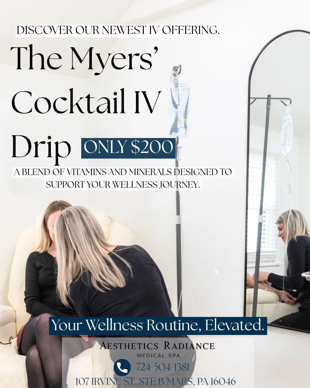 Meet your newest wellness ritual: The Myers&rsquo; Cocktail IV Drip. ✨

Designed to deliver a blend of essential vitamins and minerals, the Myers&rsquo; Cocktail is a popular IV infusion featuring nutrients like Vitamin C, B vitamins, and magnesium.
