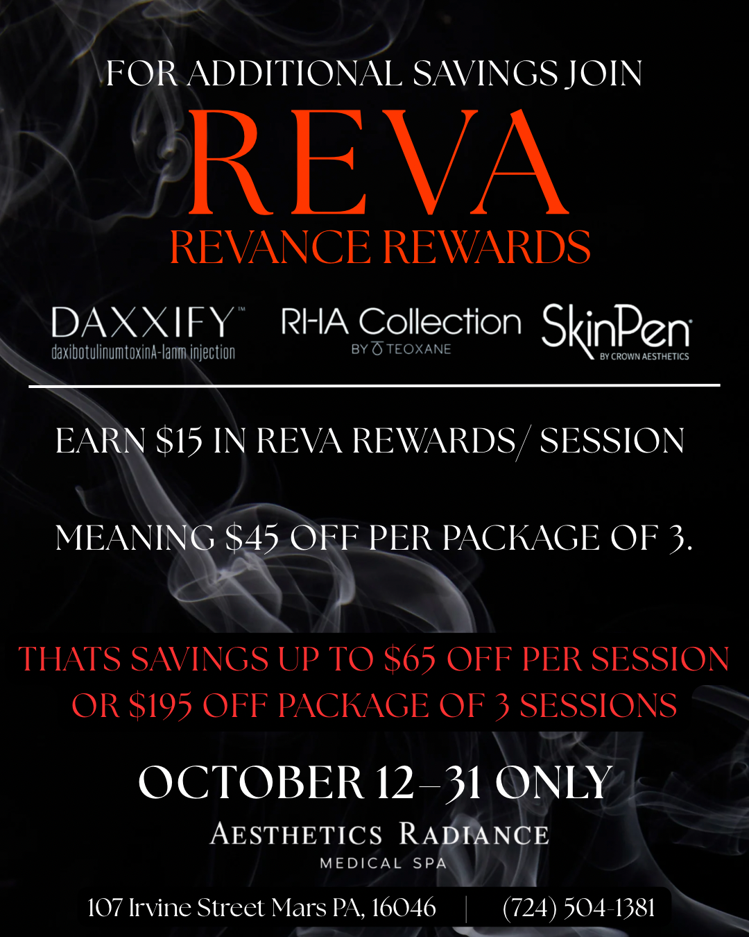 Promotional flyer for REVA ReVance Rewards event at Aesthetics Radiance Medical Spa, October 12-31, offering savings on treatments like DAXIY, RI-HIA Collection, and SkinPen, with rewards and discounts.