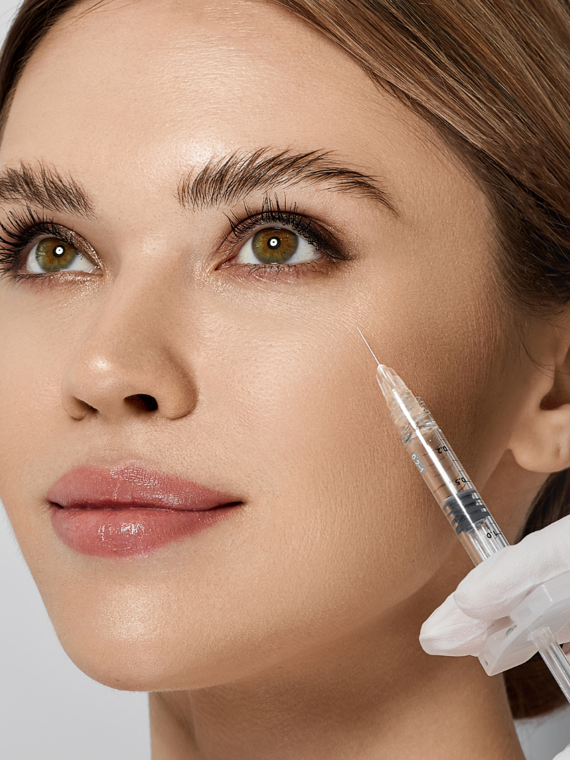A woman with fair skin and brown hair receives an injection near her eye from a professional wearing a medical glove.