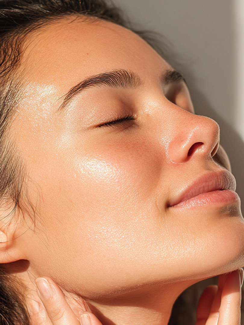 Close-up of a woman with clear, glowing skin and closed eyes, enjoying a moment of relaxation.