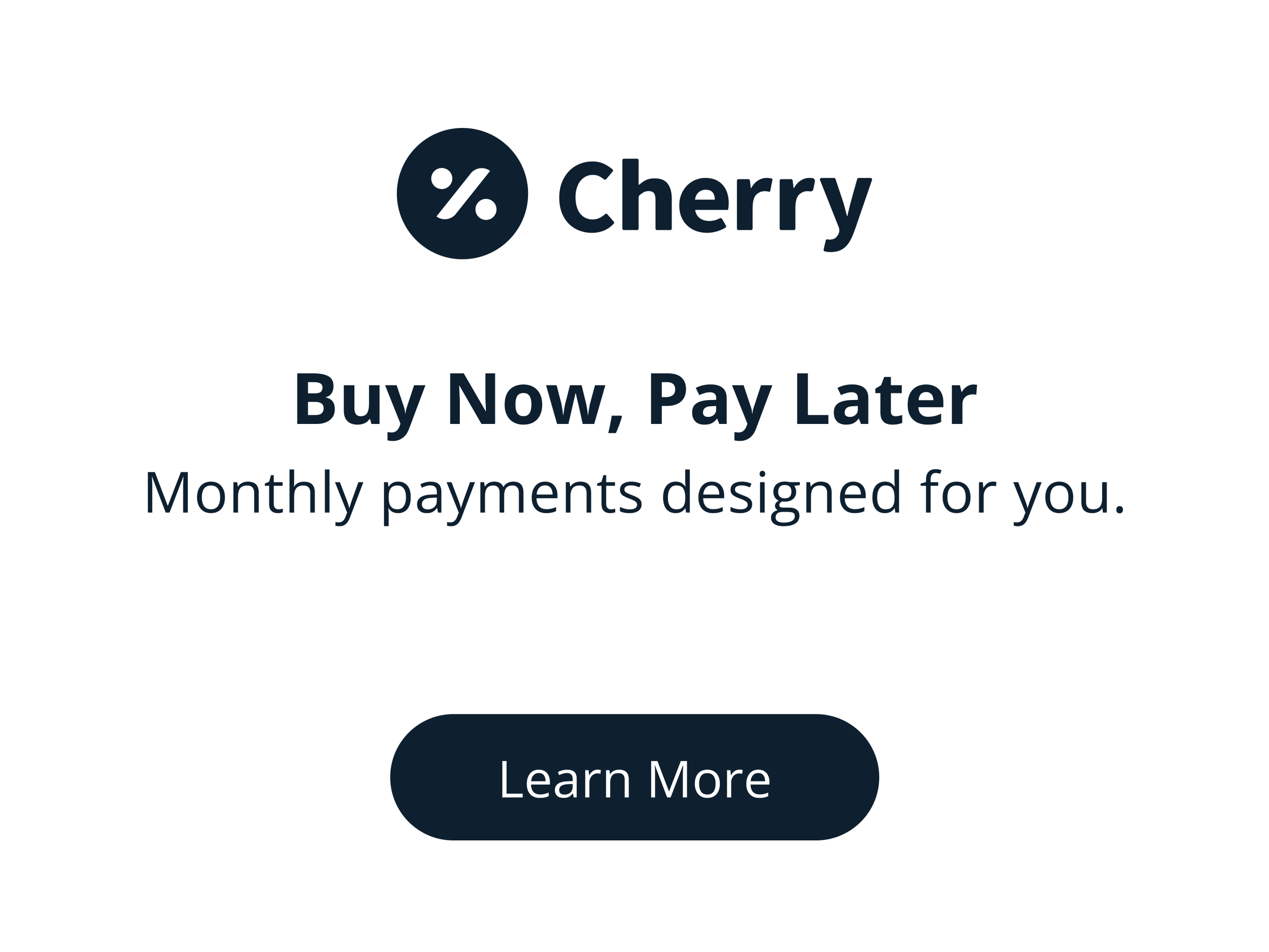 A promotional graphic for Cherry Pay Later featuring a dark blue circular logo with a percentage sign and slash, the text "Cherry" beside it, and a call-to-action button that says "Learn More." The background is white.