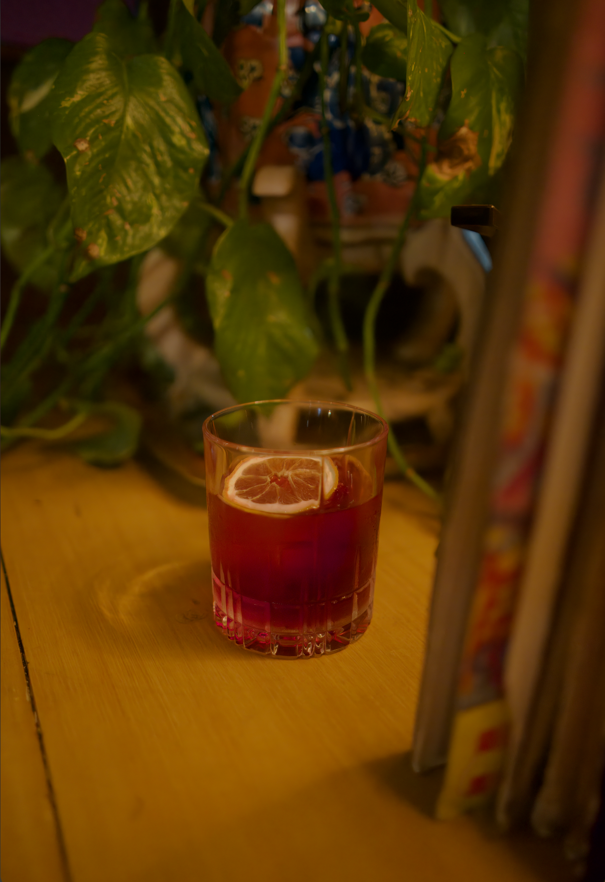 A glass of red drink with a lemon slice on a wooden table, with green plants in the background.