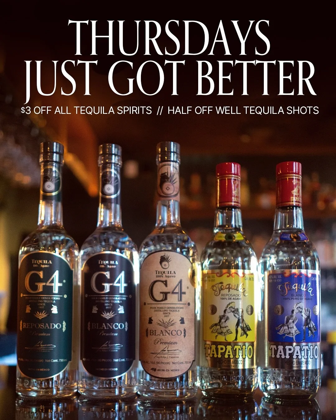 Thursdays are the new Friday. 

Just a sneak peak at our extensive tequila section. 👀 we&rsquo;ve got happy hour, drink specials, AND @keylo.gram on deck spinning your favorite vinyls. See you soon. 🤗

Follow us for updates and more.