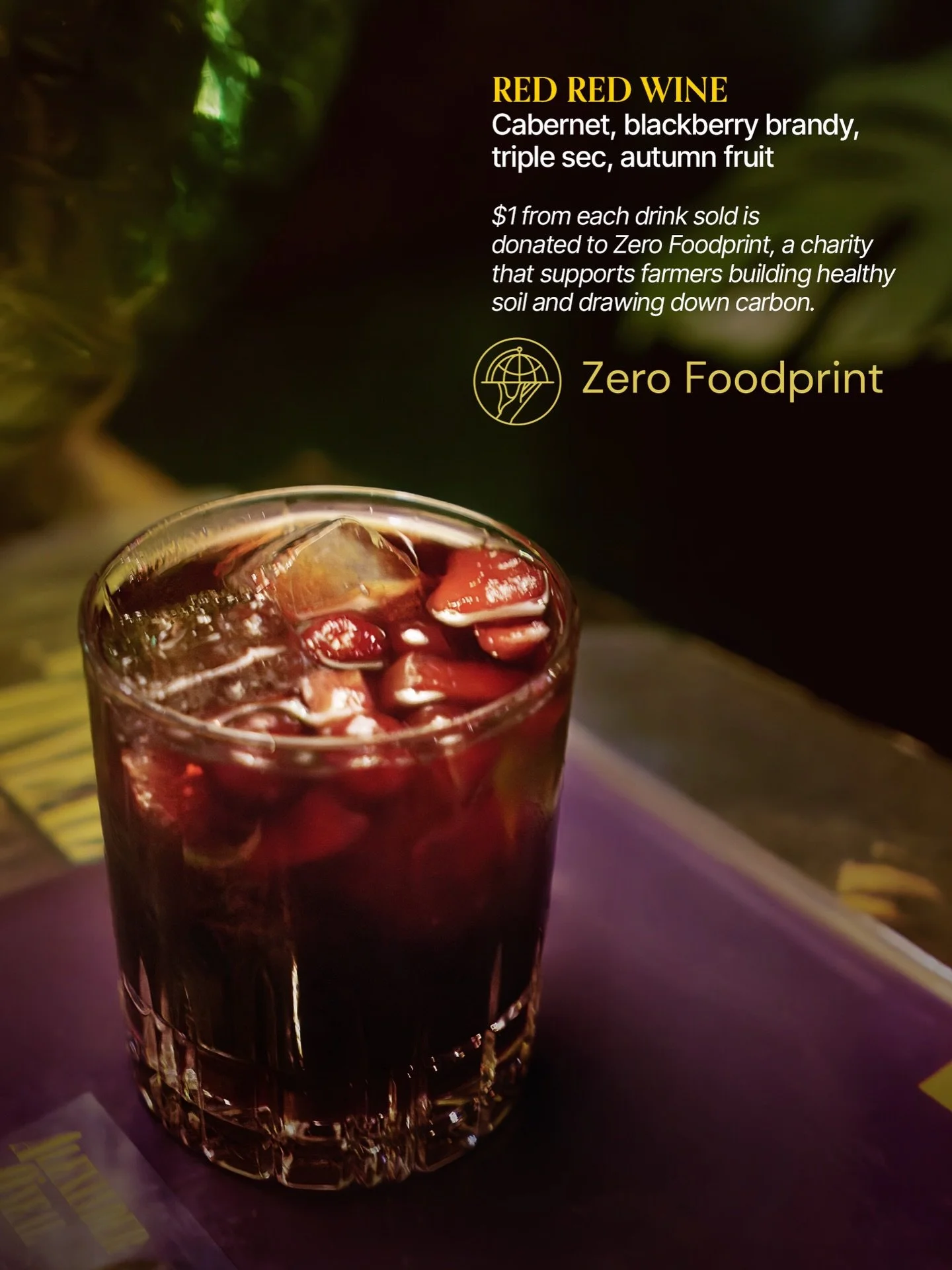 Sip for Sustainability🍷🌱

This cocktail is a rich blend of cabernet, blackberry brandy, triple sec, and autumn fruit, perfect for sangria lovers. What makes it even more delicious is the cause it supports: $1 from every drink sold is donated to @Ze