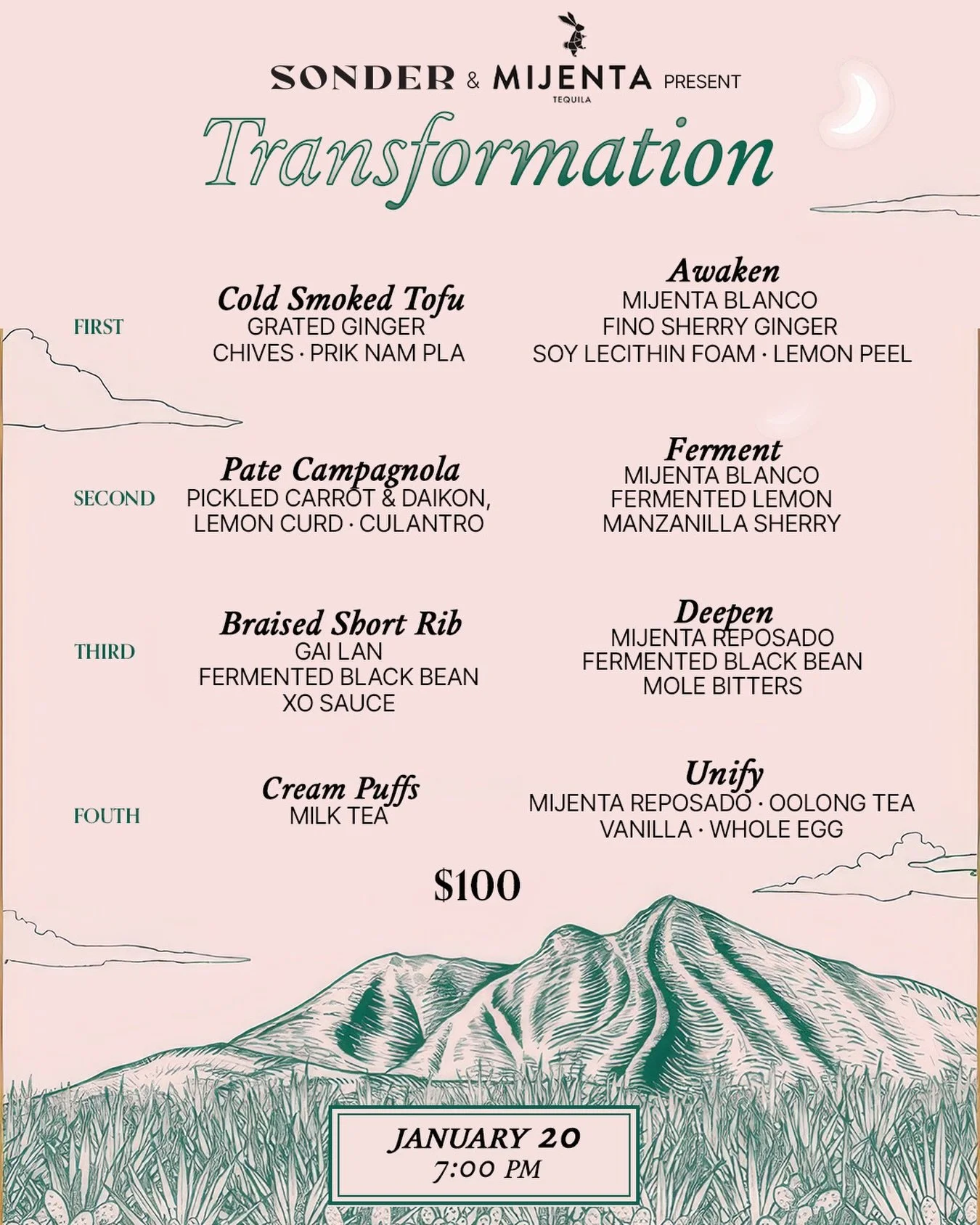 TRANSFORMATION: A tequila pairing experience with Sonder and Mijenta Tequila. 

🎟️ Reserve Jan 20th on OpenTable! Link in Bio.

We&rsquo;re back at it again! If you loved our last tastings, we&rsquo;ve got another one for you. We&rsquo;re closing do