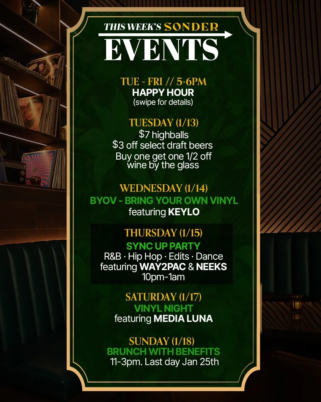 🚨So much news!!🚨

📣 One week till Transformation Dinner with @mijentatequila grab your spot on Opentable
📣 Thursday goes late night with @way2pac and @ptneeks 
📣 TWO more brunch services before we transition to dinner only on Sundays

✨TUE- FRI
