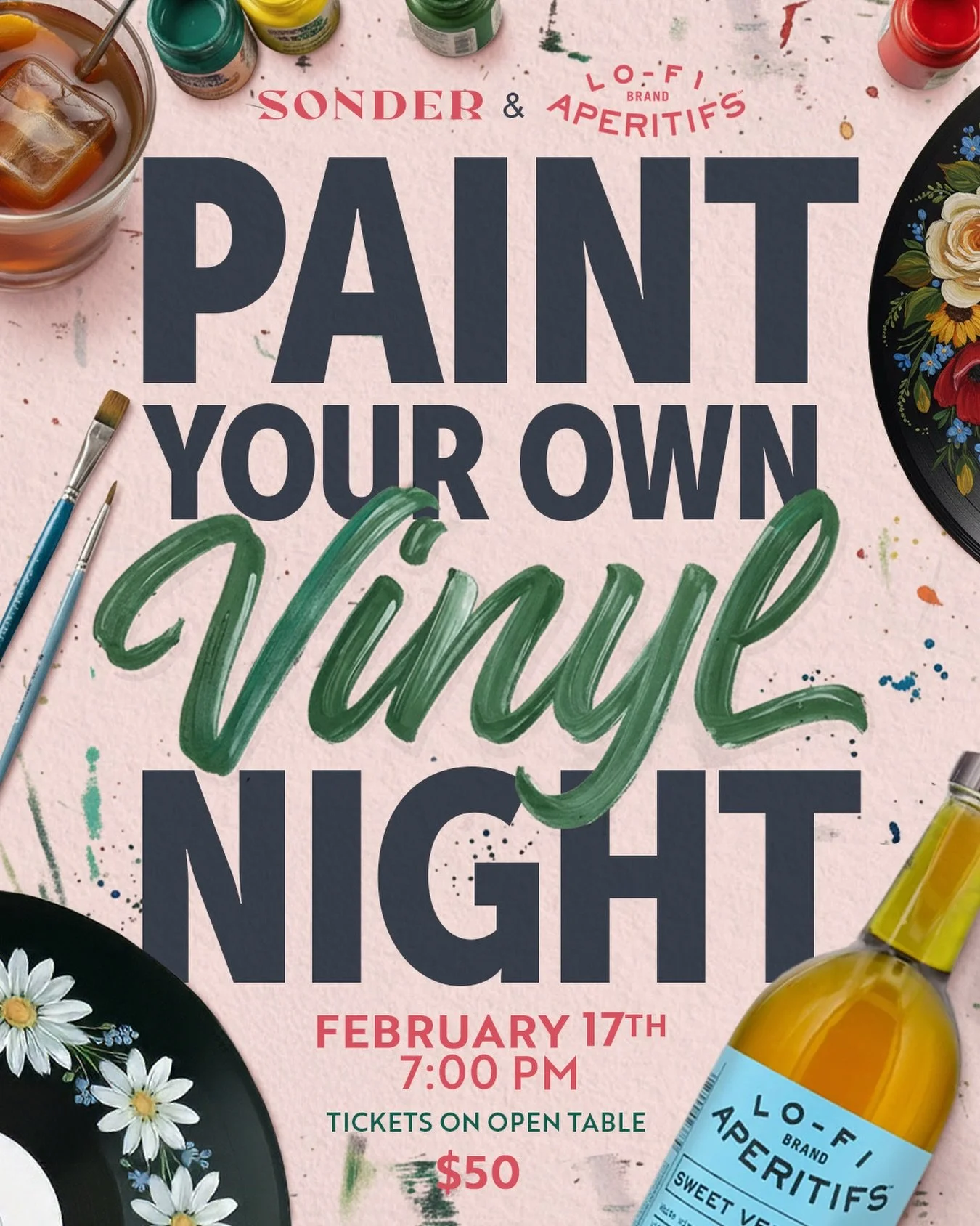 Join us for a laid-back creative night where music, art, and cocktails come together. 

Each ticket includes a vinyl record to paint, all art supplies provided, and two Lo-Fi&ndash;featured cocktails designed just for the evening. 

🎟 Tickets are li