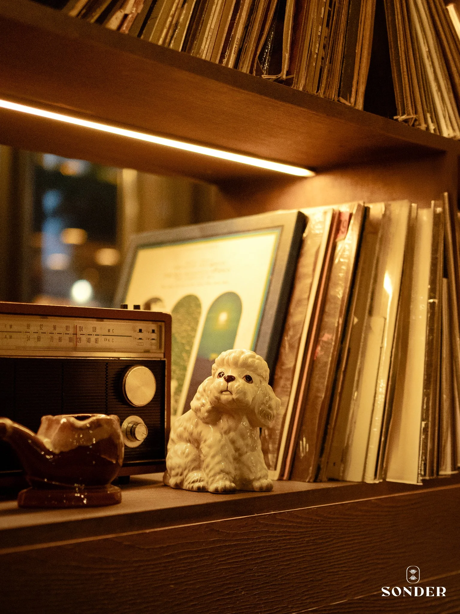 A close-up of a wooden shelf containing a ceramic poodle figurine, an old radio, some stacked books, and framed pictures in the background under warm lighting.