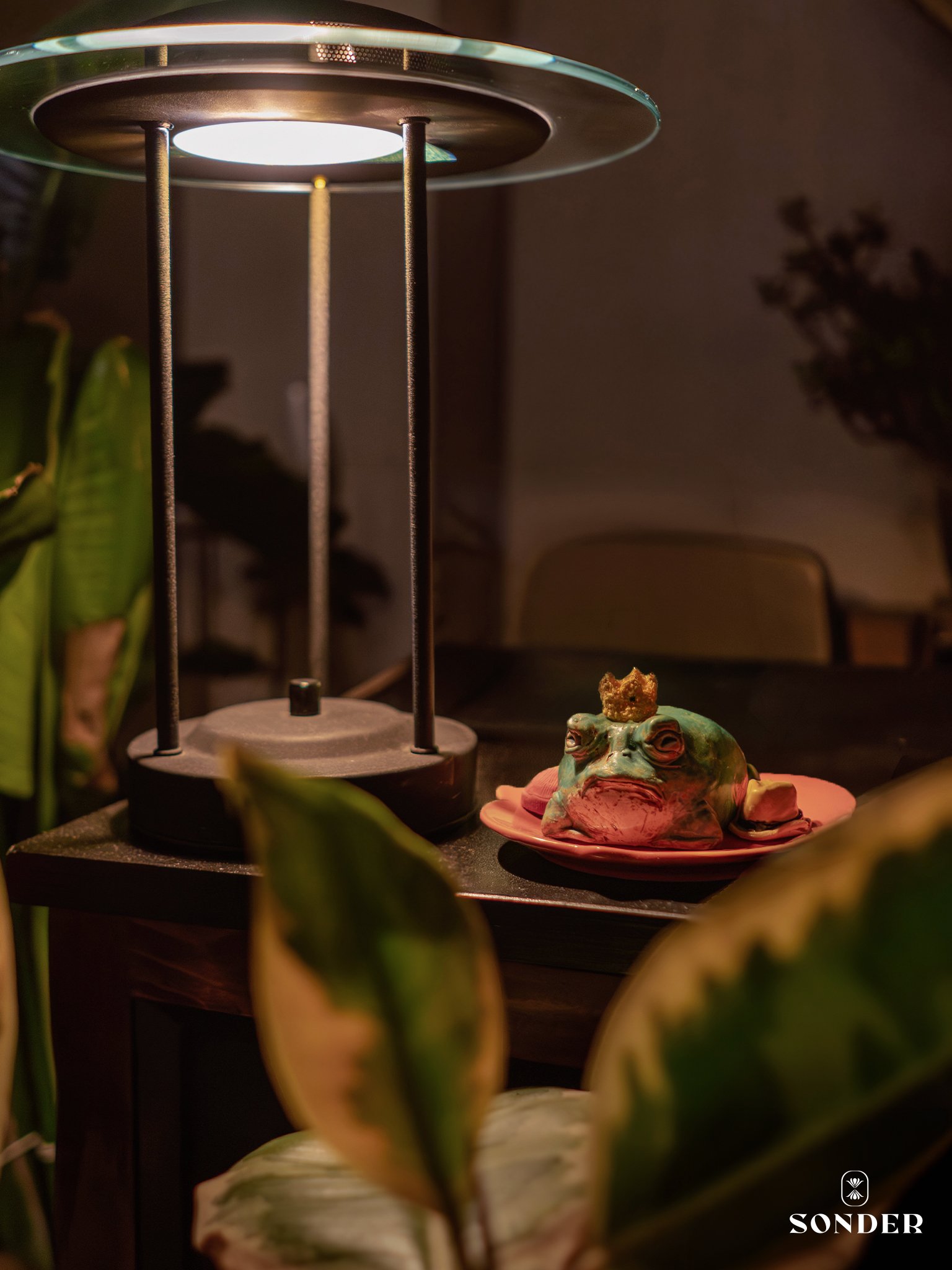 A decorative frog sculpture with a crown on its head, placed on a pink dish. A modern table lamp with a circular metallic shade and thin supports stands behind it. Green plants with large leaves partially frame the scene.