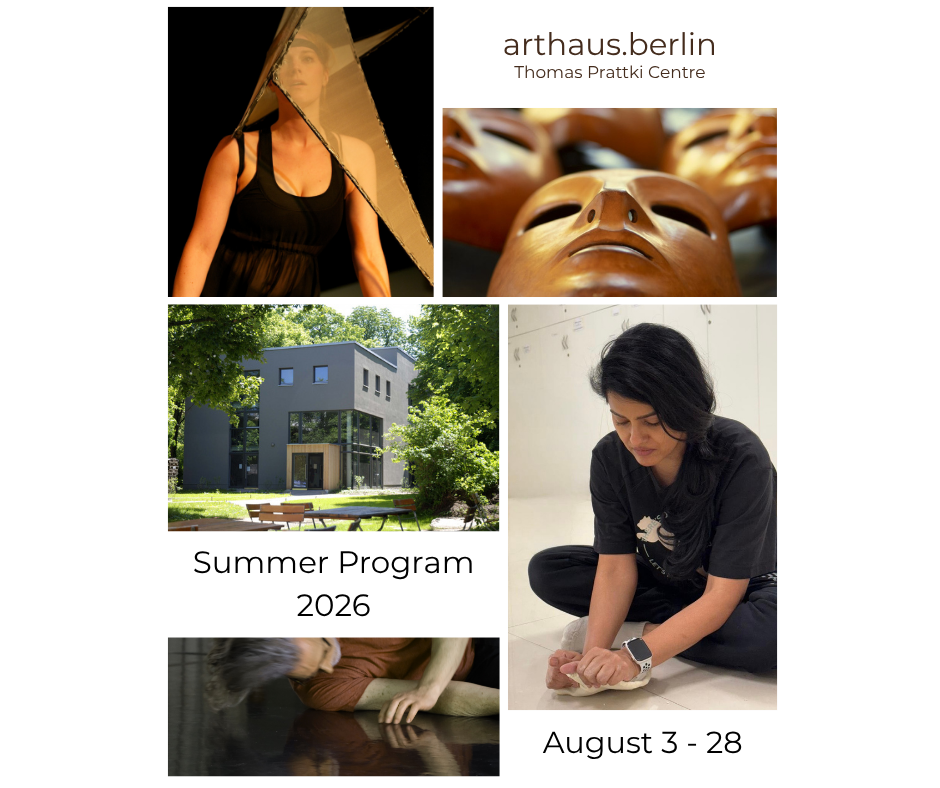 Poster promoting the Arthouse Berlin Summer Program 2026, featuring images of an art exhibition, a modern building, a person creating art, and masks, with dates August 3 to 28.