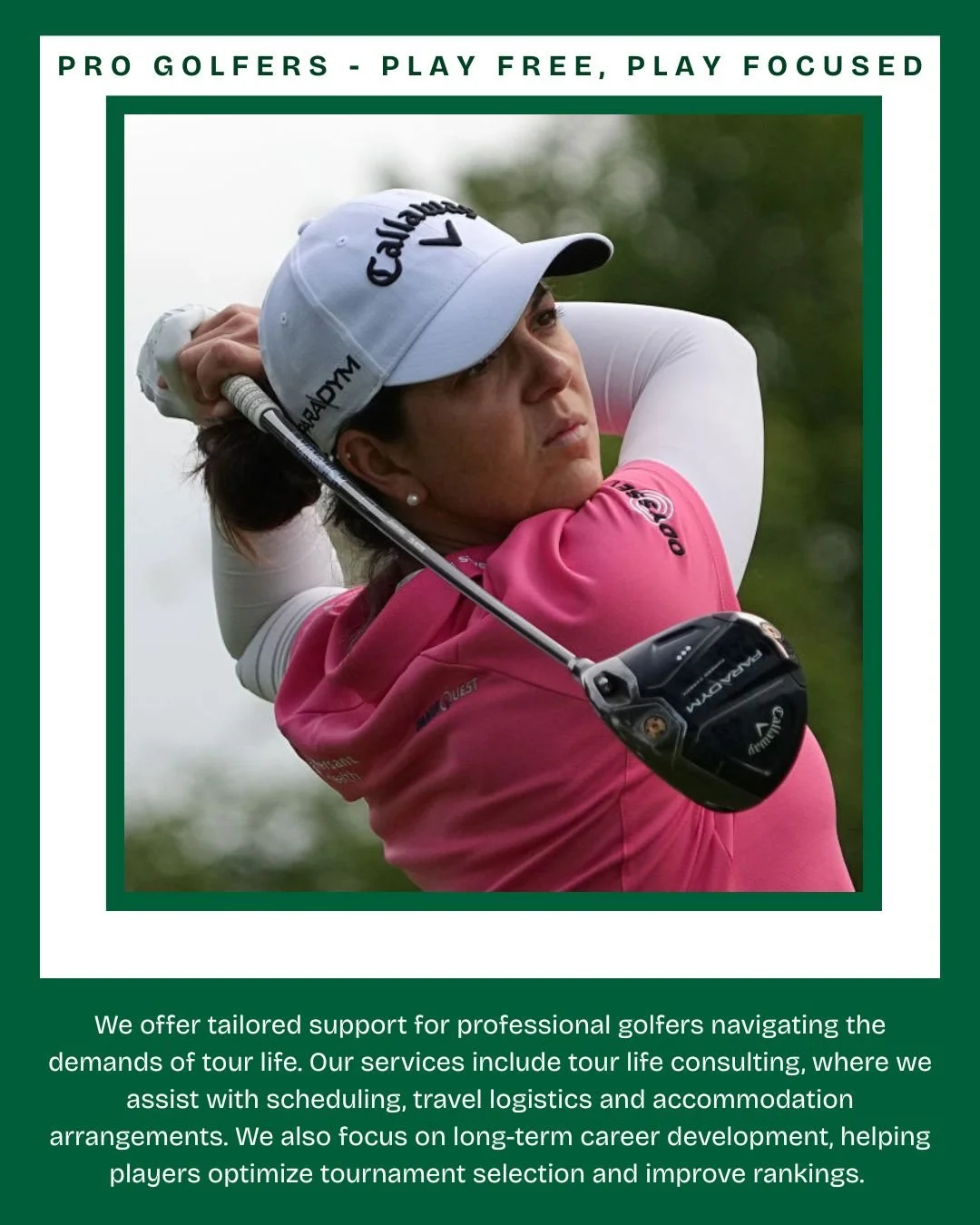 ⛳️ Professional Golfers 💼✈️

Tour life is demanding &mdash; the constant travel, pressure to perform and juggling logistics week after week.

We&rsquo;re here to help you focus on what you do best: compete at your highest level.

At Pro Reach, we of