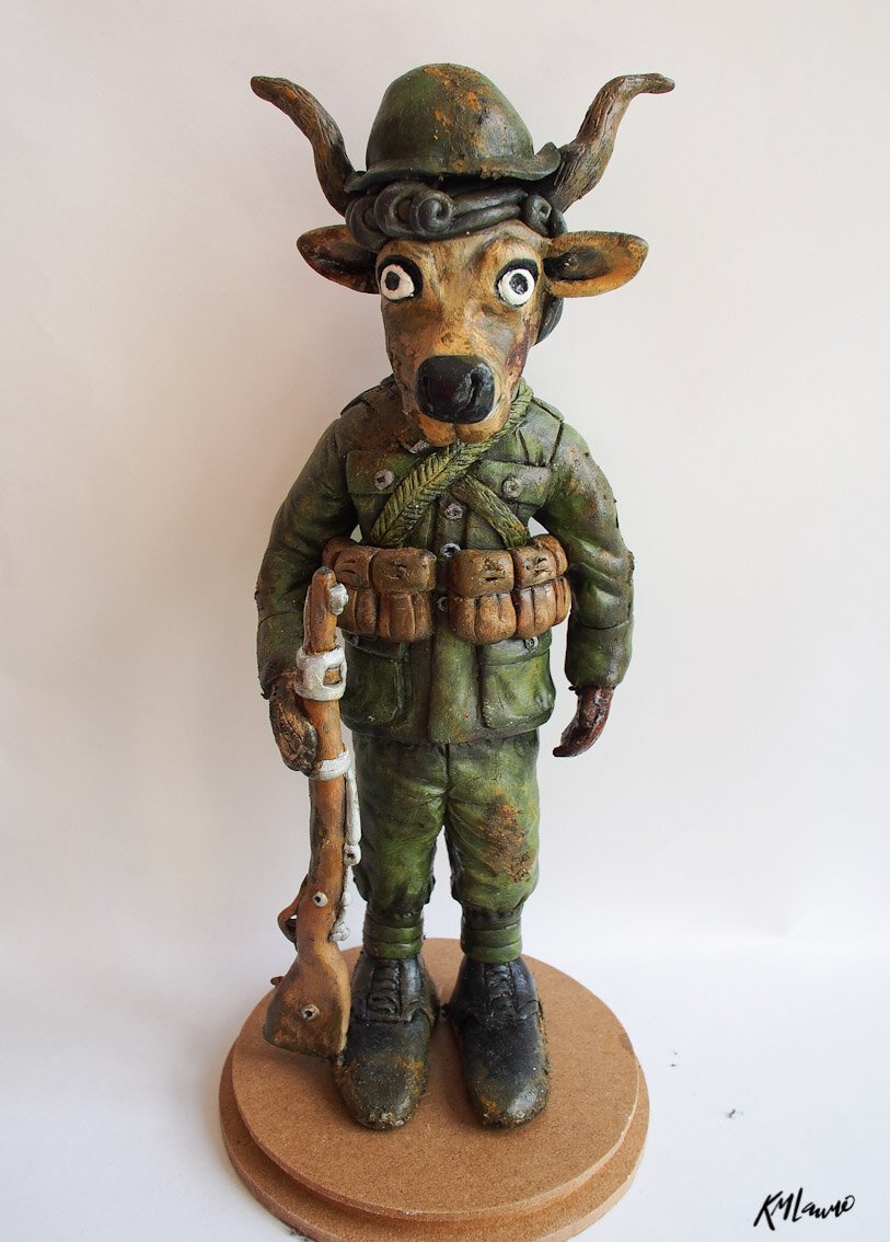 This Elk is based on my Grandfather who was a Polish solider in WWII. It is made from foil and Sculpy, textured and painted to look like he’s been in the war