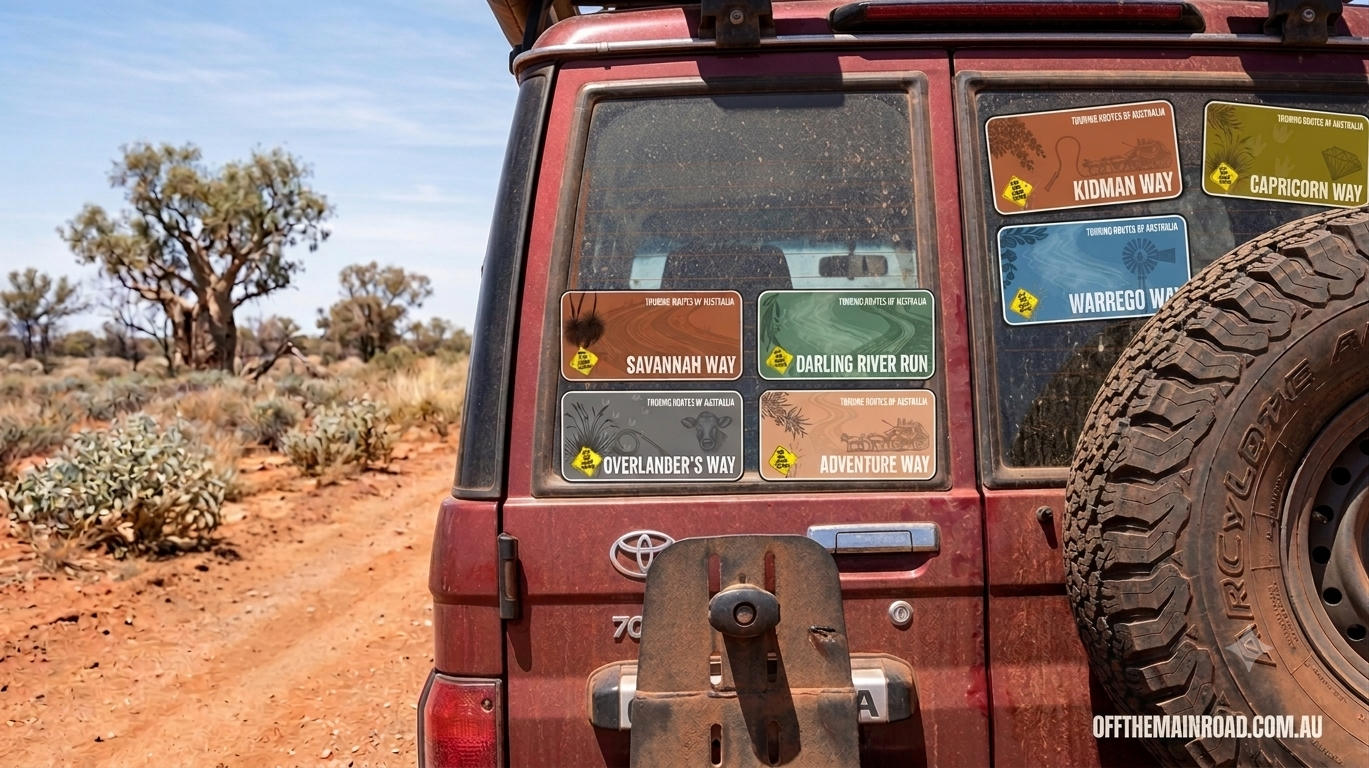 A set of Off The Main Road Touring Routes Stickers on rear of 4WD Window (Copy)