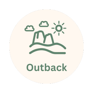 Illustration of mountains, clouds, and sun with the word 'Outback' underneath.