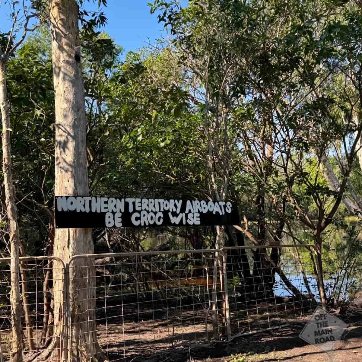 Northern Territory Airboats 'Be Croc Wise' sign at the entrance to the Darwin wetlands tour site