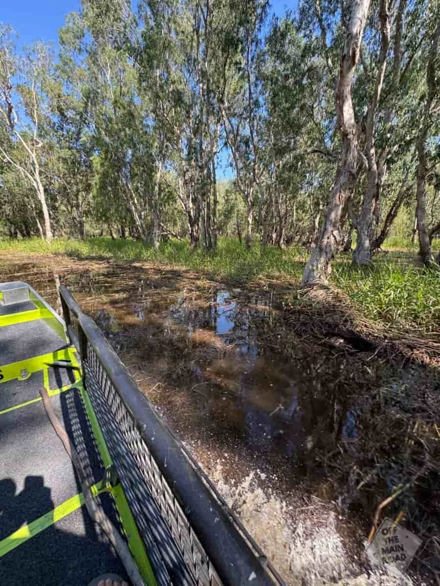 Low angle view from the side of an airboat navigating shallow wetland waters on a Northern Territory Airboats tour