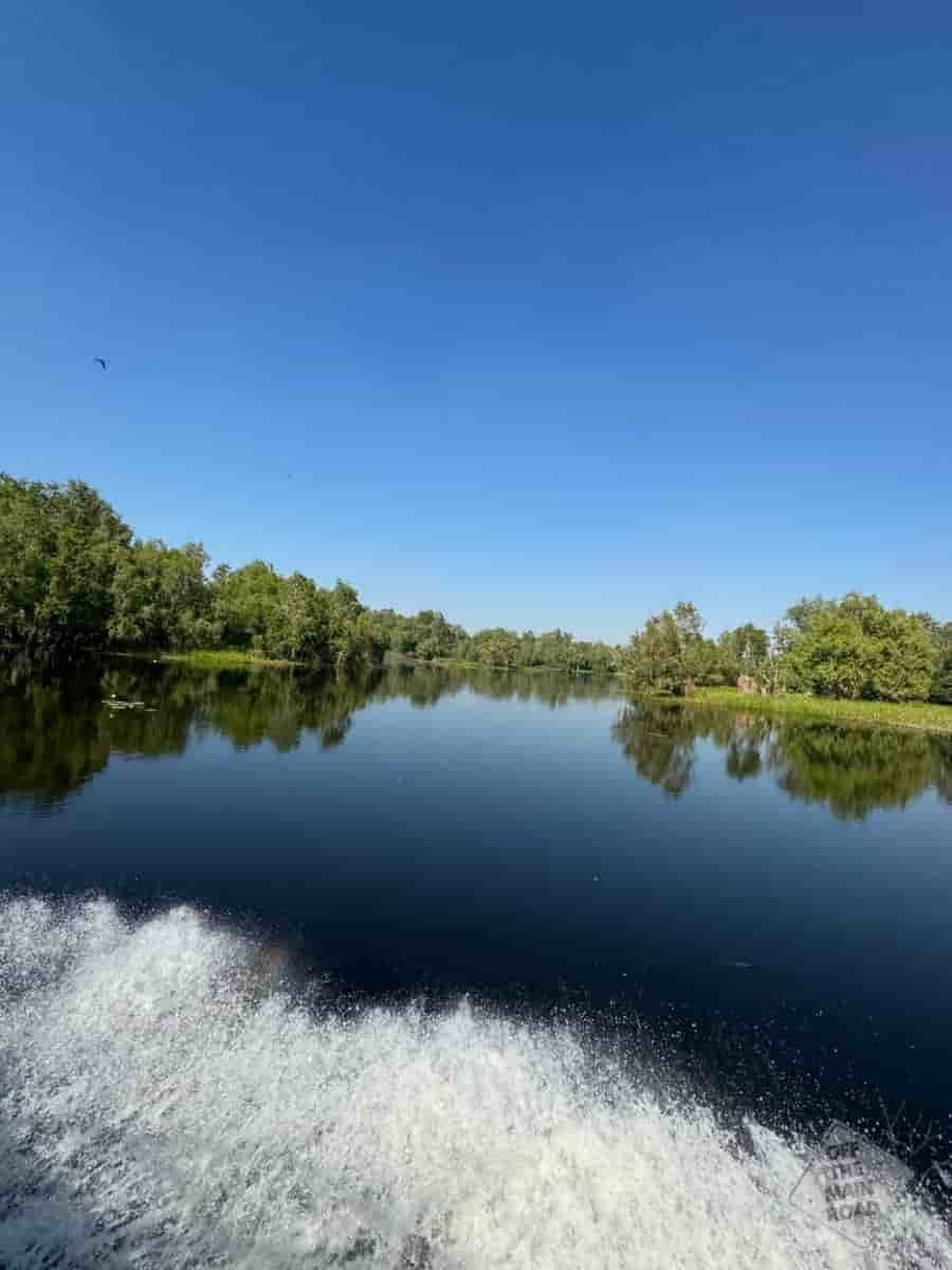 Still billabong waters reflecting blue sky and paperbark trees on a Northern Territory Airboats tour near Darwin