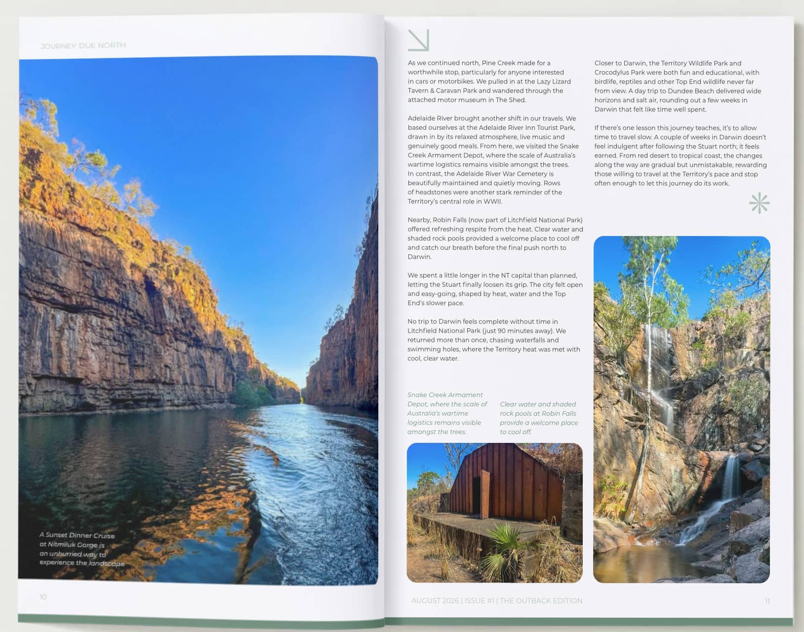 Off the Main Road Magazine spread on Journey Due North, featuring Nitmiluk Gorge, Snake Creek Armament Depot, and Robin Falls in the Northern Territory